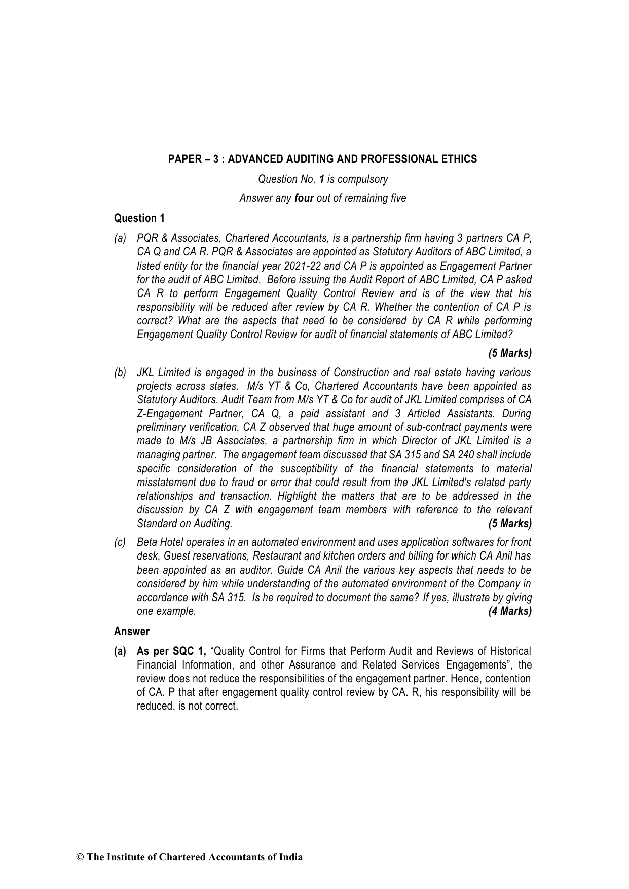 Advanced Auditing, Assurance and Professional Ethics May 2022, question page 1