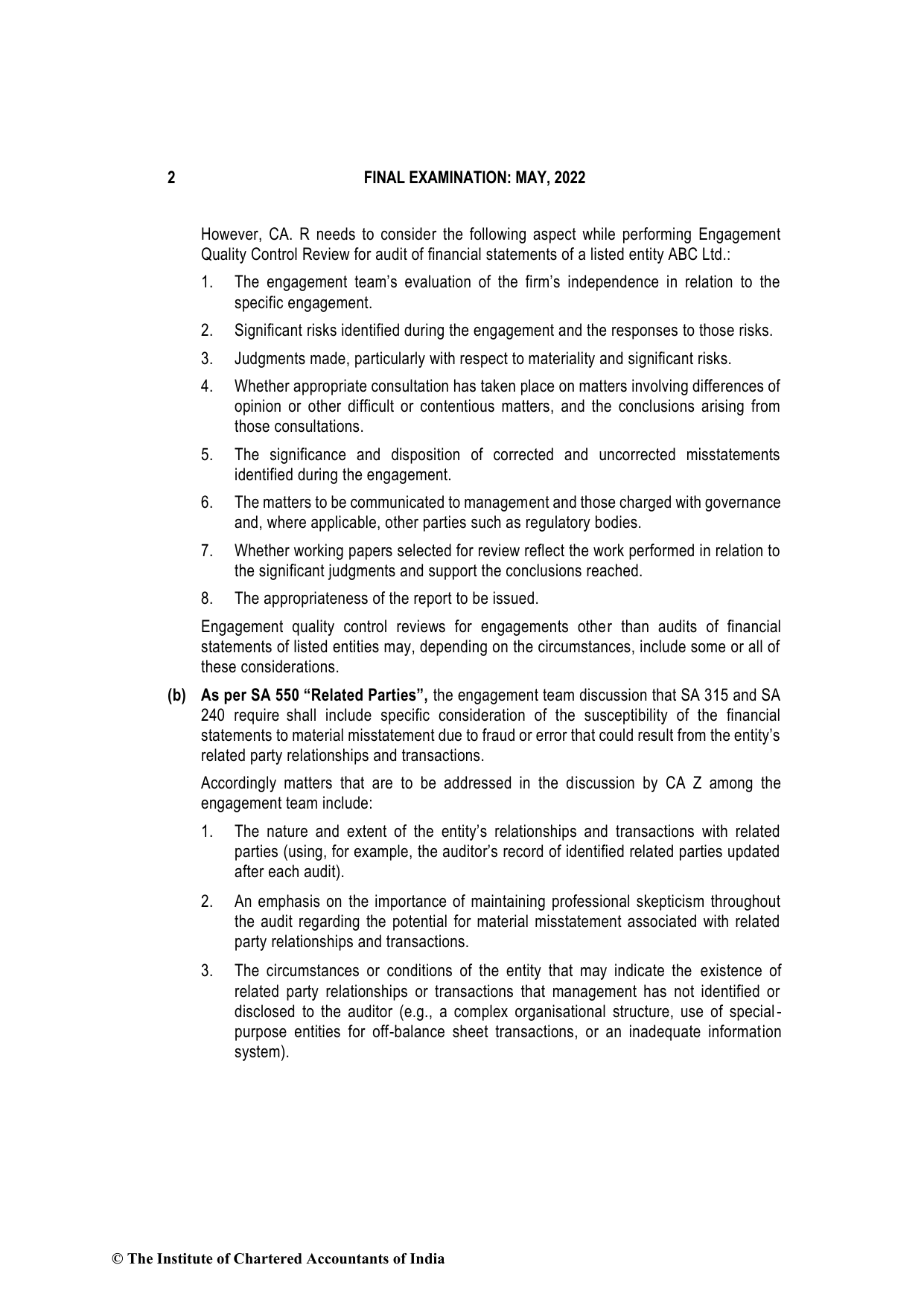 Advanced Auditing, Assurance and Professional Ethics May 2022, question page 2
