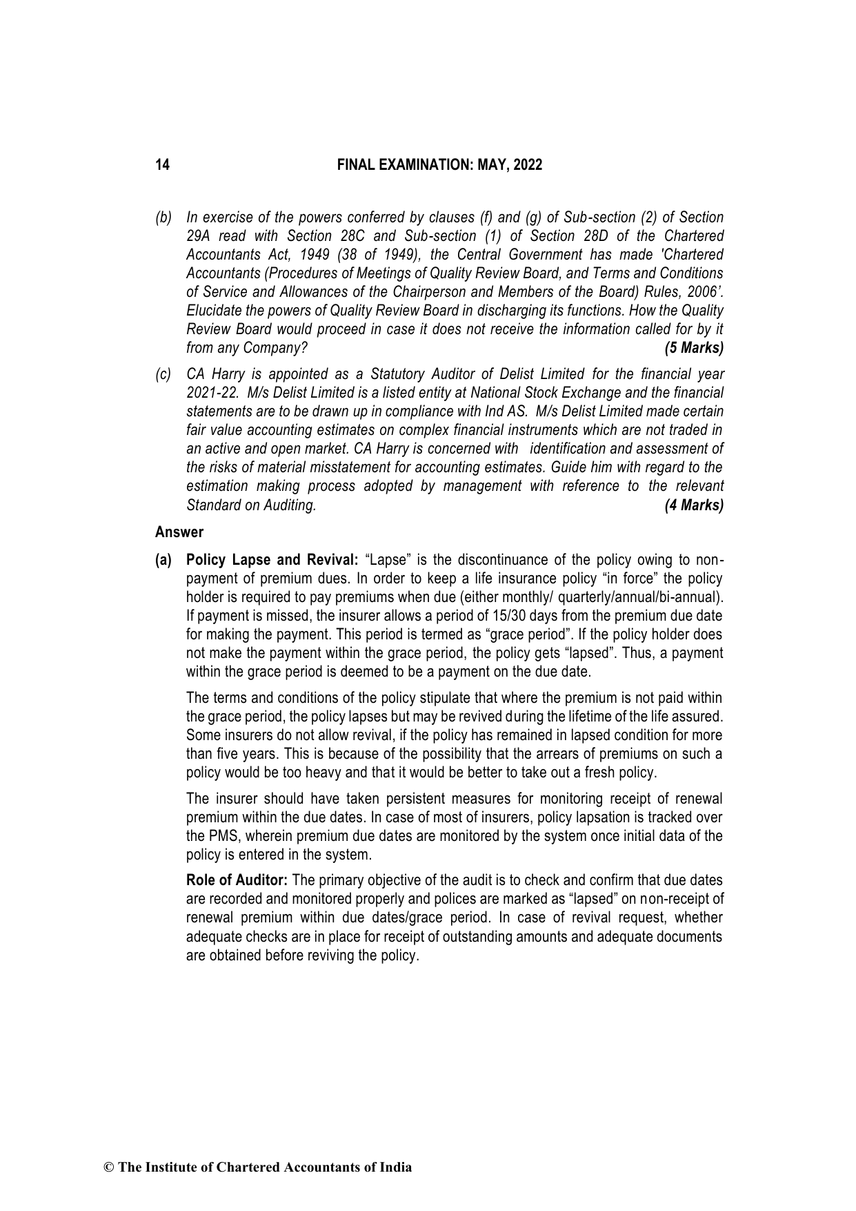 Advanced Auditing, Assurance and Professional Ethics May 2022, question page 14