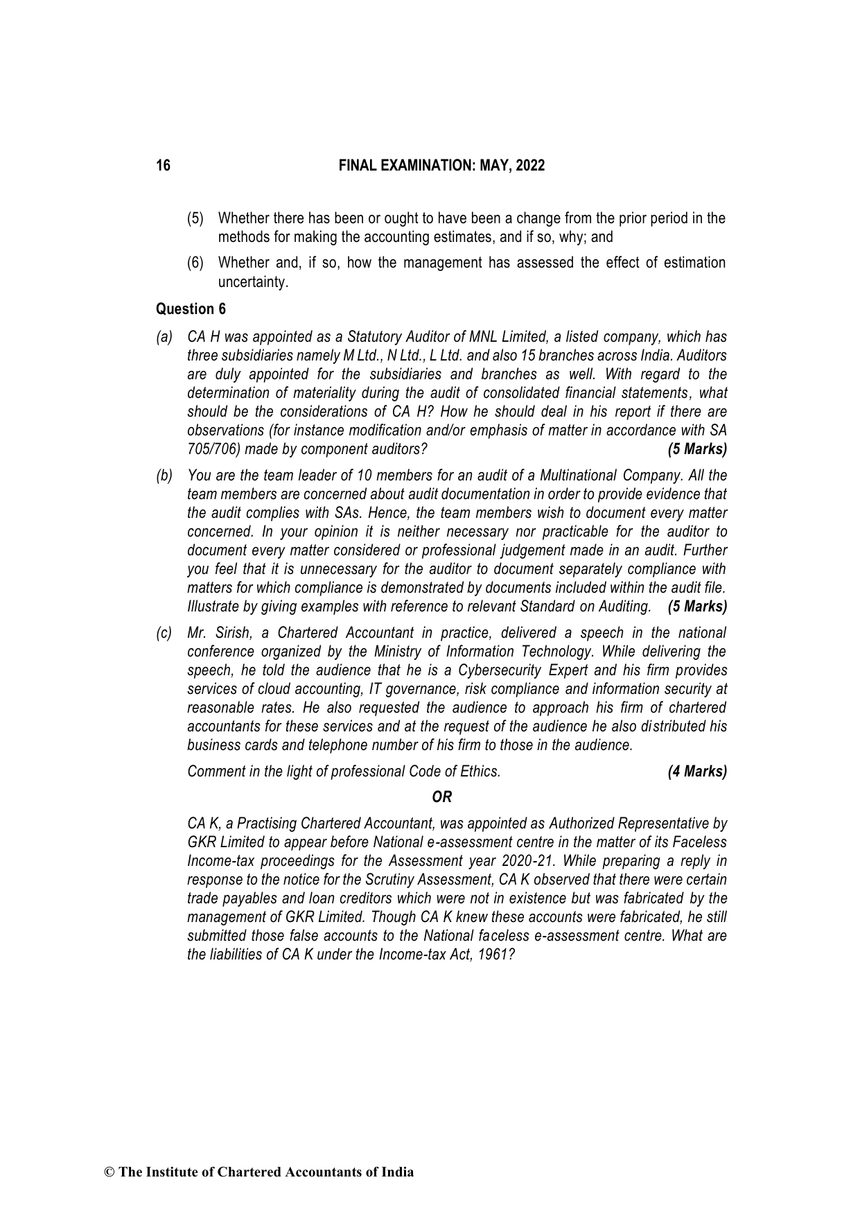Advanced Auditing, Assurance and Professional Ethics May 2022, question page 16