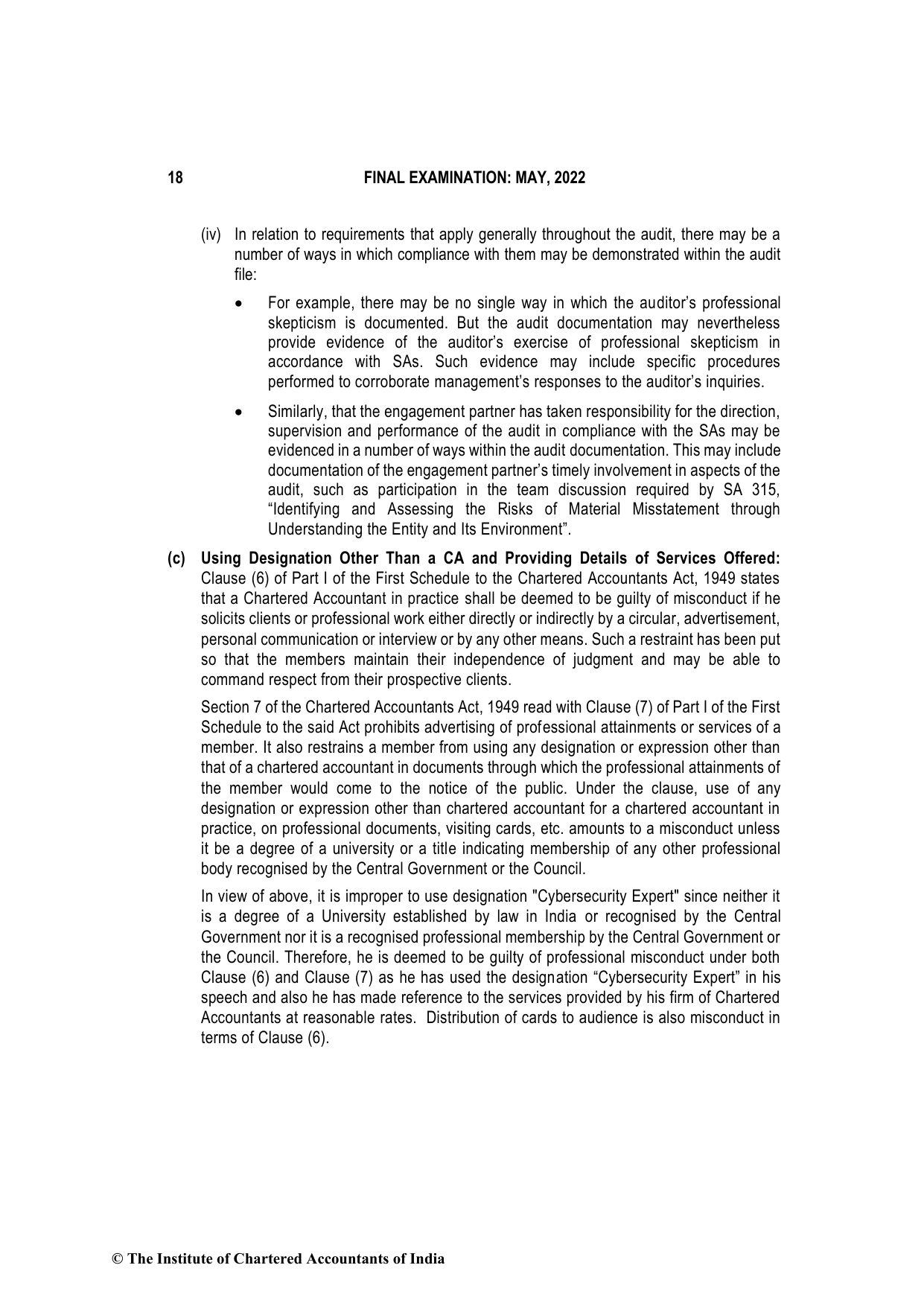 Advanced Auditing, Assurance and Professional Ethics May 2022, question page 18