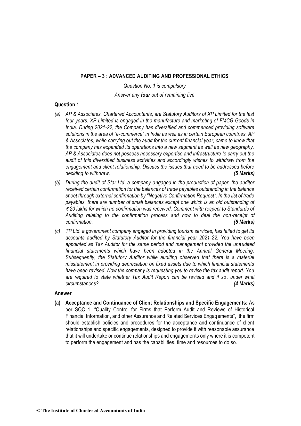 Advanced Auditing, Assurance and Professional Ethics November 2022, question page 1
