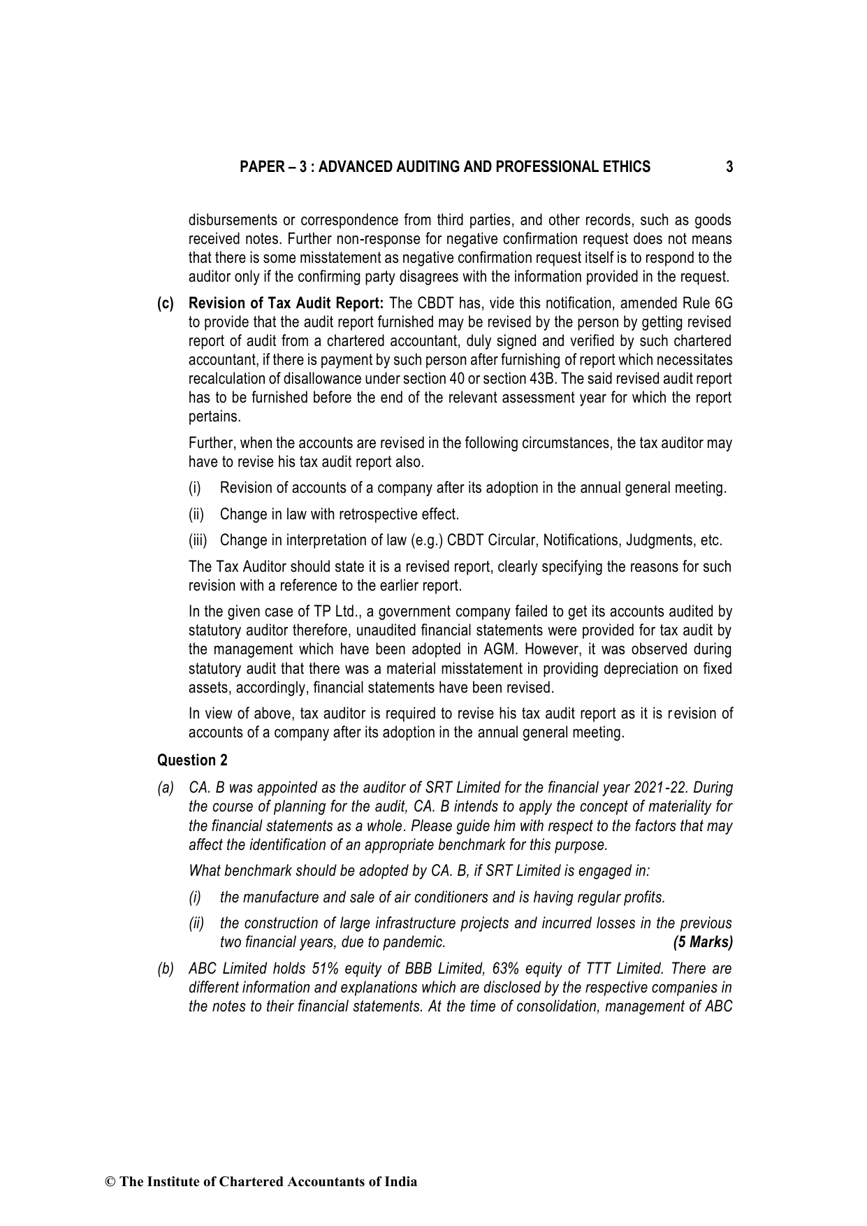 Advanced Auditing, Assurance and Professional Ethics November 2022, question page 3