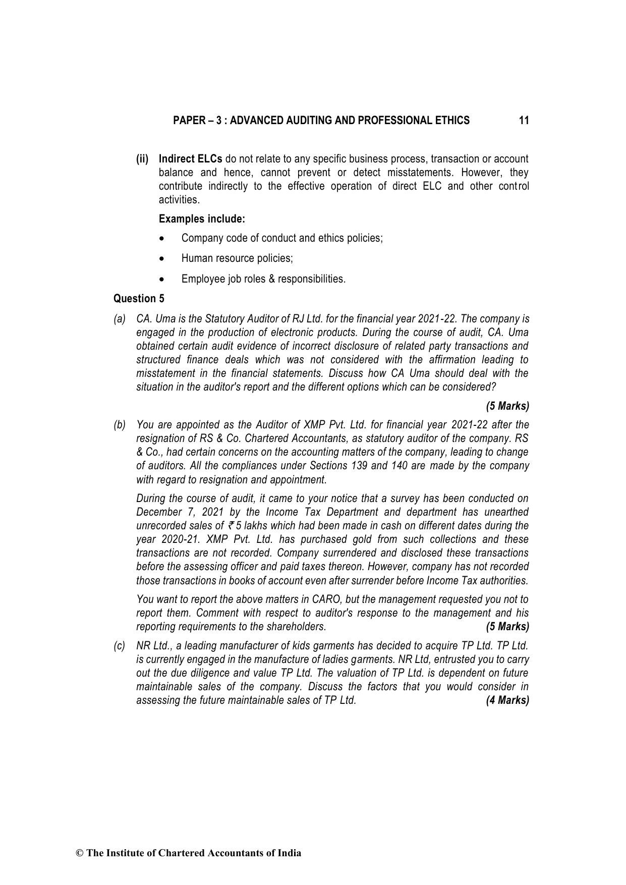 Advanced Auditing, Assurance and Professional Ethics November 2022, question page 11