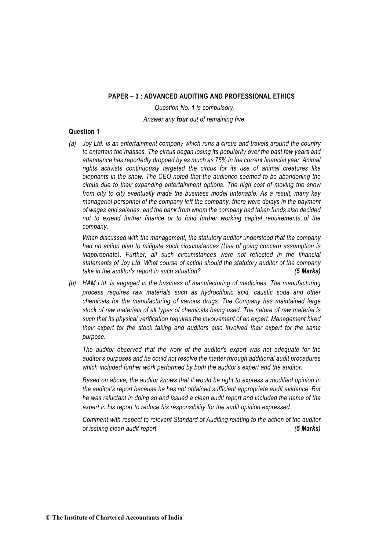 Advanced Auditing, Assurance and Professional Ethics May 2023, question page 1