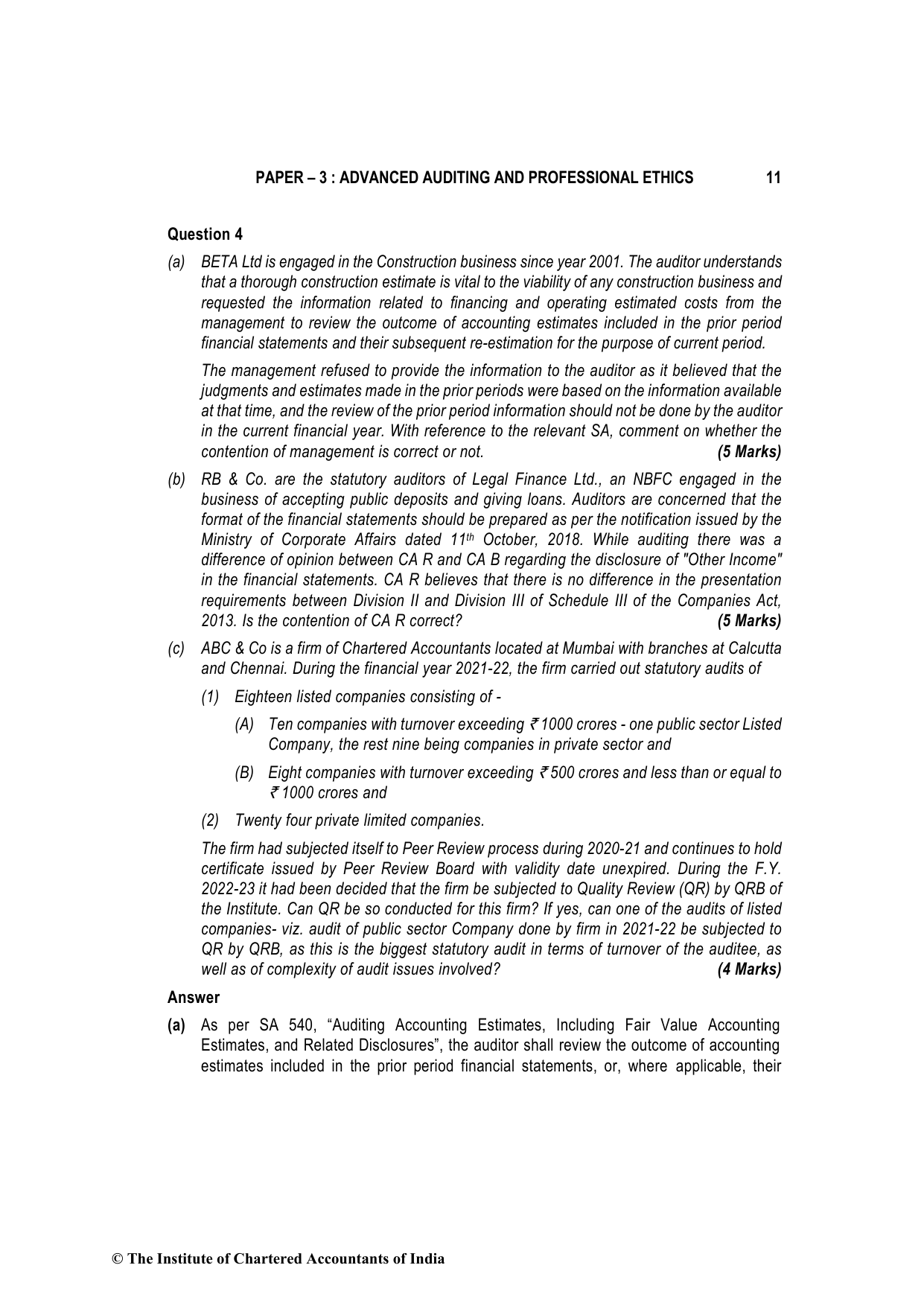 Advanced Auditing, Assurance and Professional Ethics May 2023, question page 11