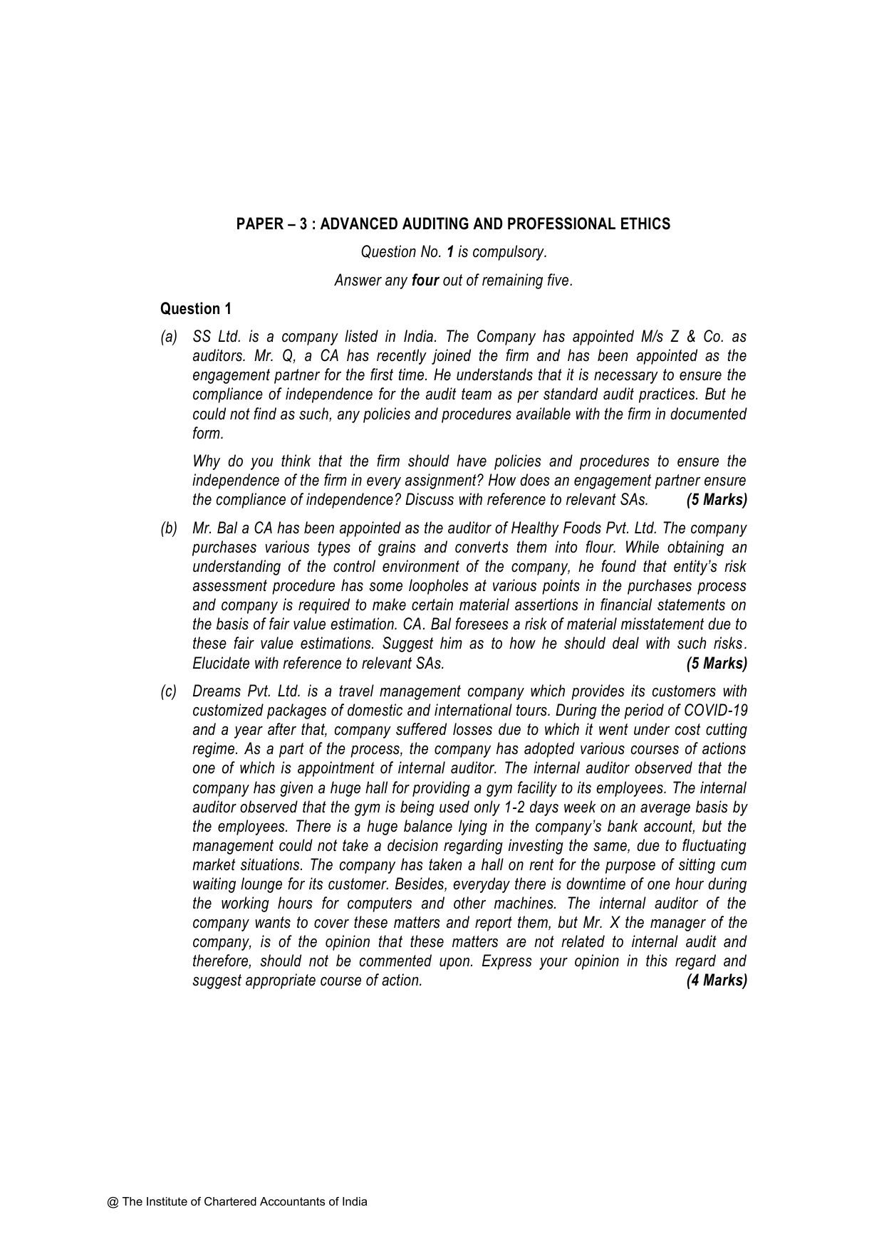 Advanced Auditing, Assurance and Professional Ethics November 2023, question page 1