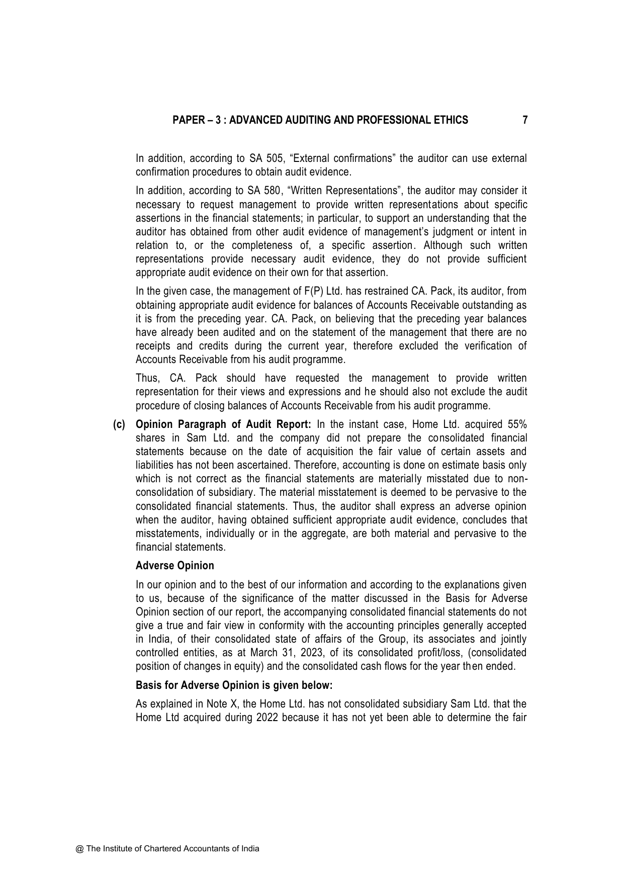 Advanced Auditing, Assurance and Professional Ethics November 2023, question page 7