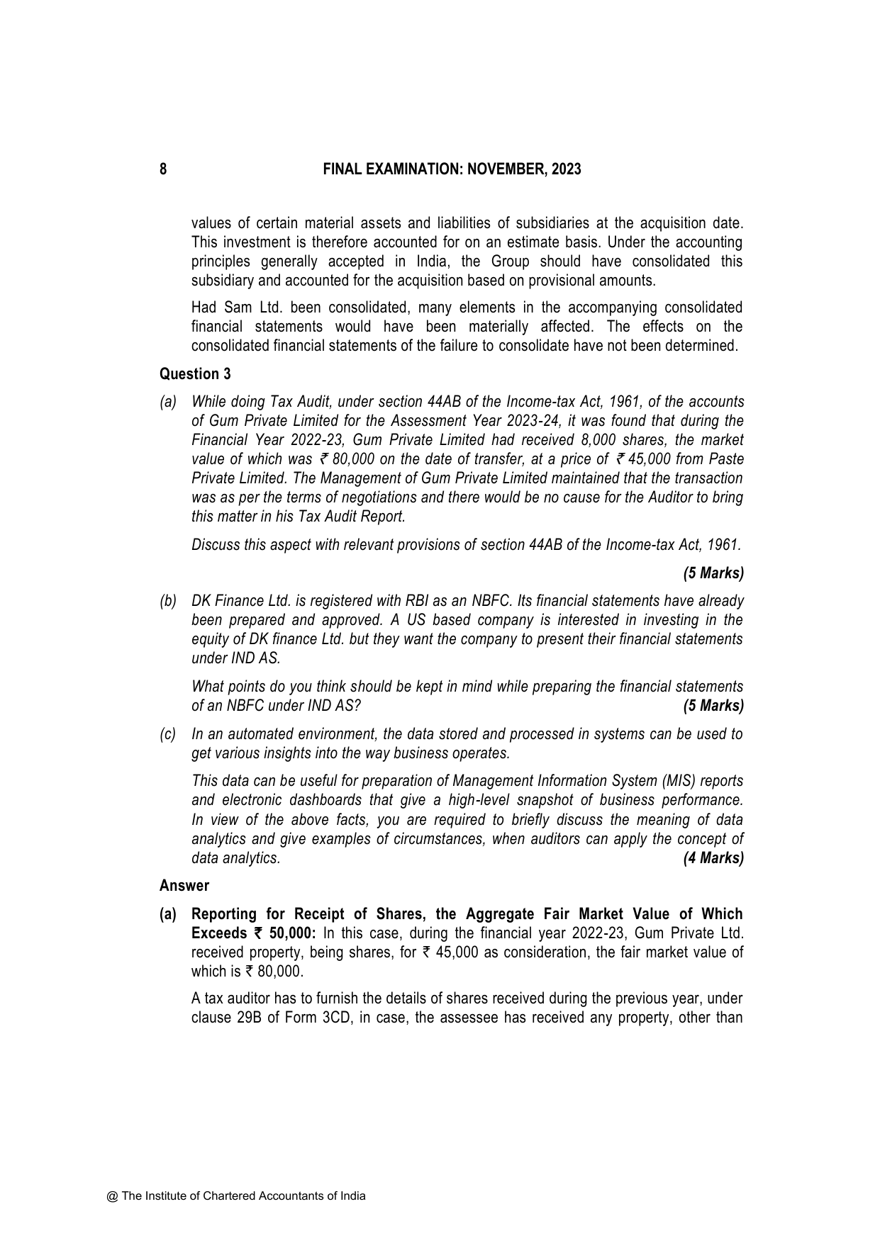 Advanced Auditing, Assurance and Professional Ethics November 2023, question page 8