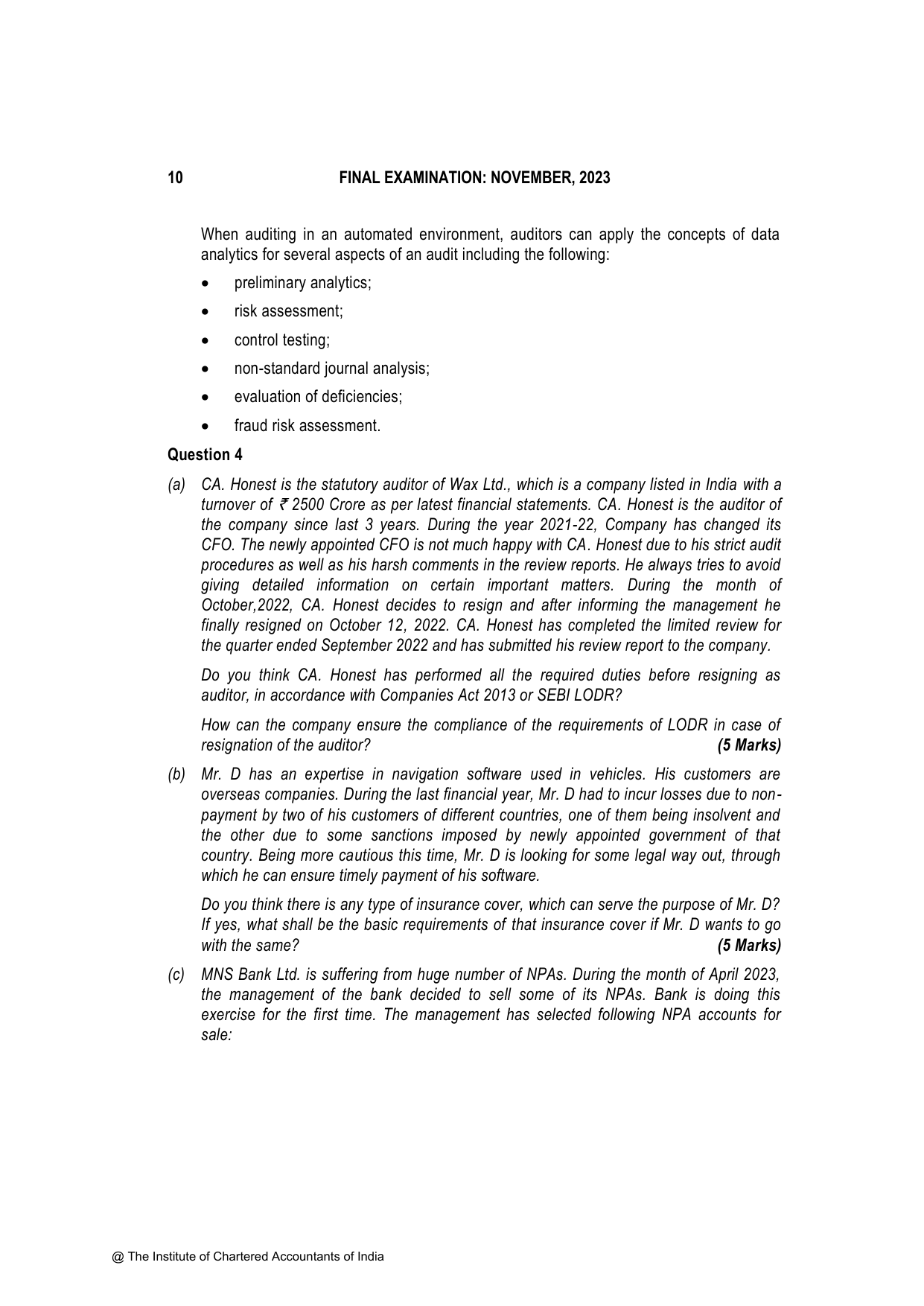 Advanced Auditing, Assurance and Professional Ethics November 2023, question page 10