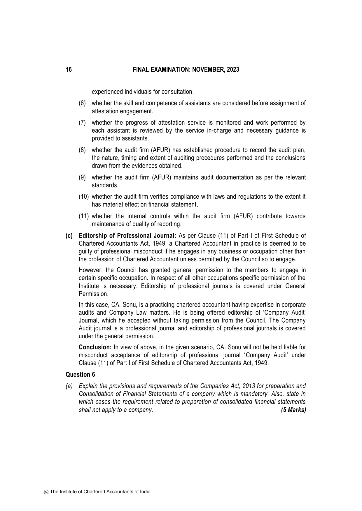 Advanced Auditing, Assurance and Professional Ethics November 2023, question page 16