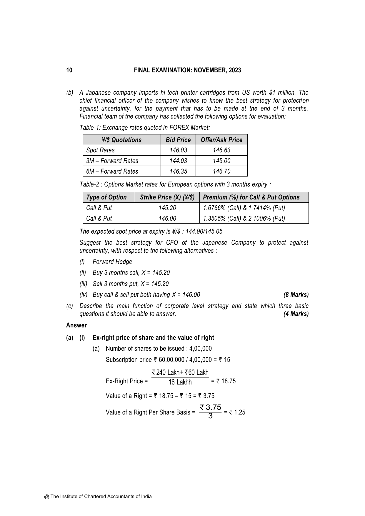 Advanced Financial Management November 2023, question page 10