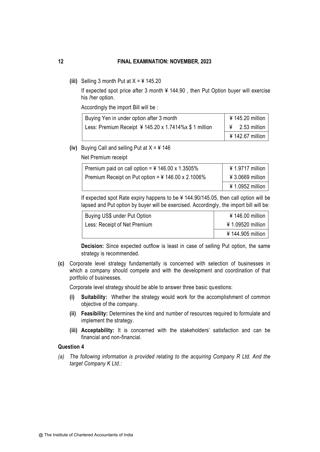 Advanced Financial Management November 2023, question page 12