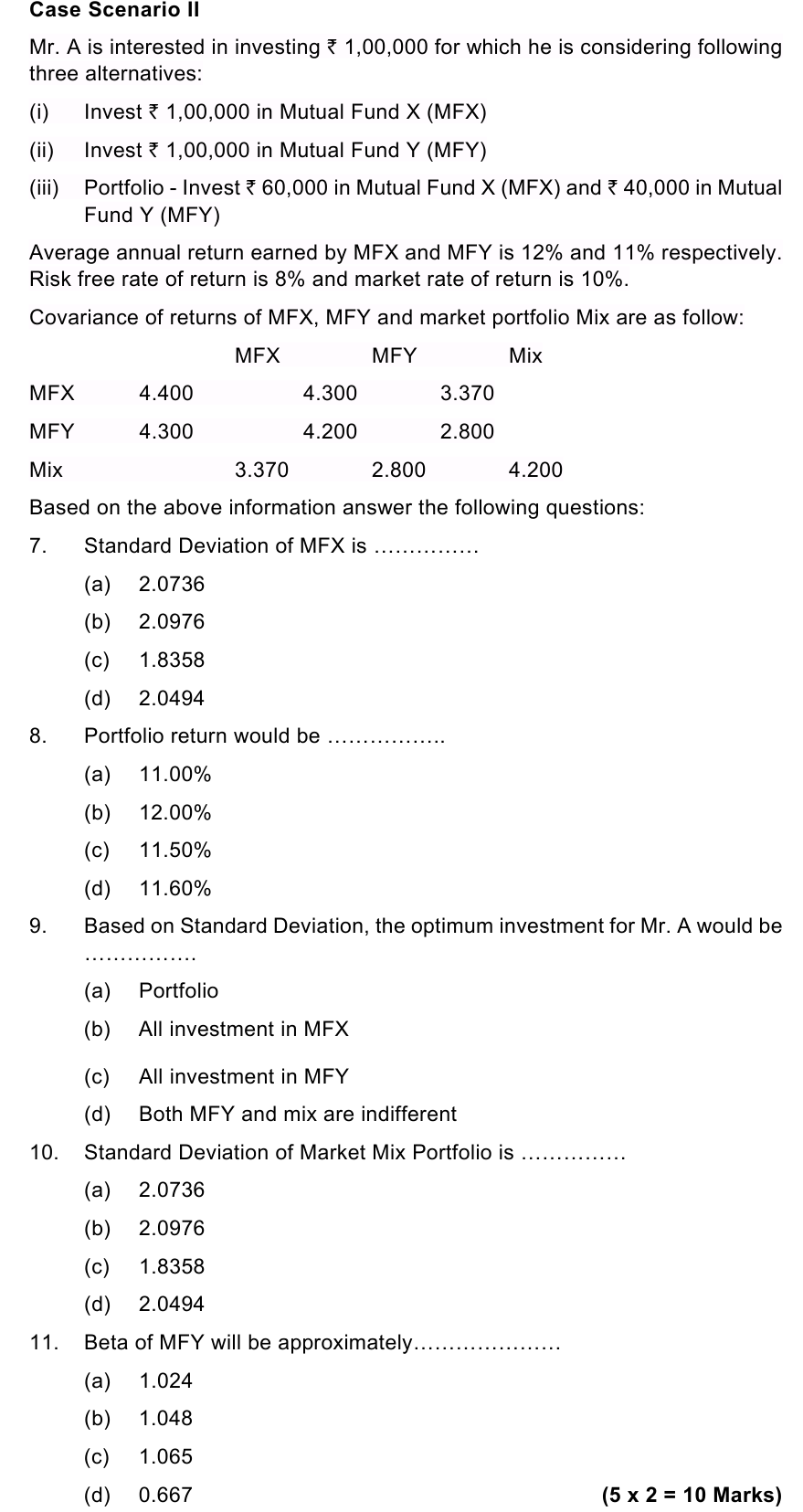 AFM Mock Test 1, Part I case scenario 2 with MCQs 6-10 (ICAI Model Test Paper 2, Part I, case scenario 2)