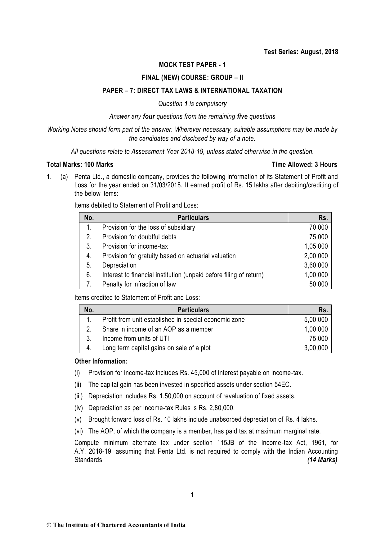 Direct Tax Laws & International Taxation November 2018 MTP - Mock Test Paper 1 (August 2018) - Final (New) Course, question page 1