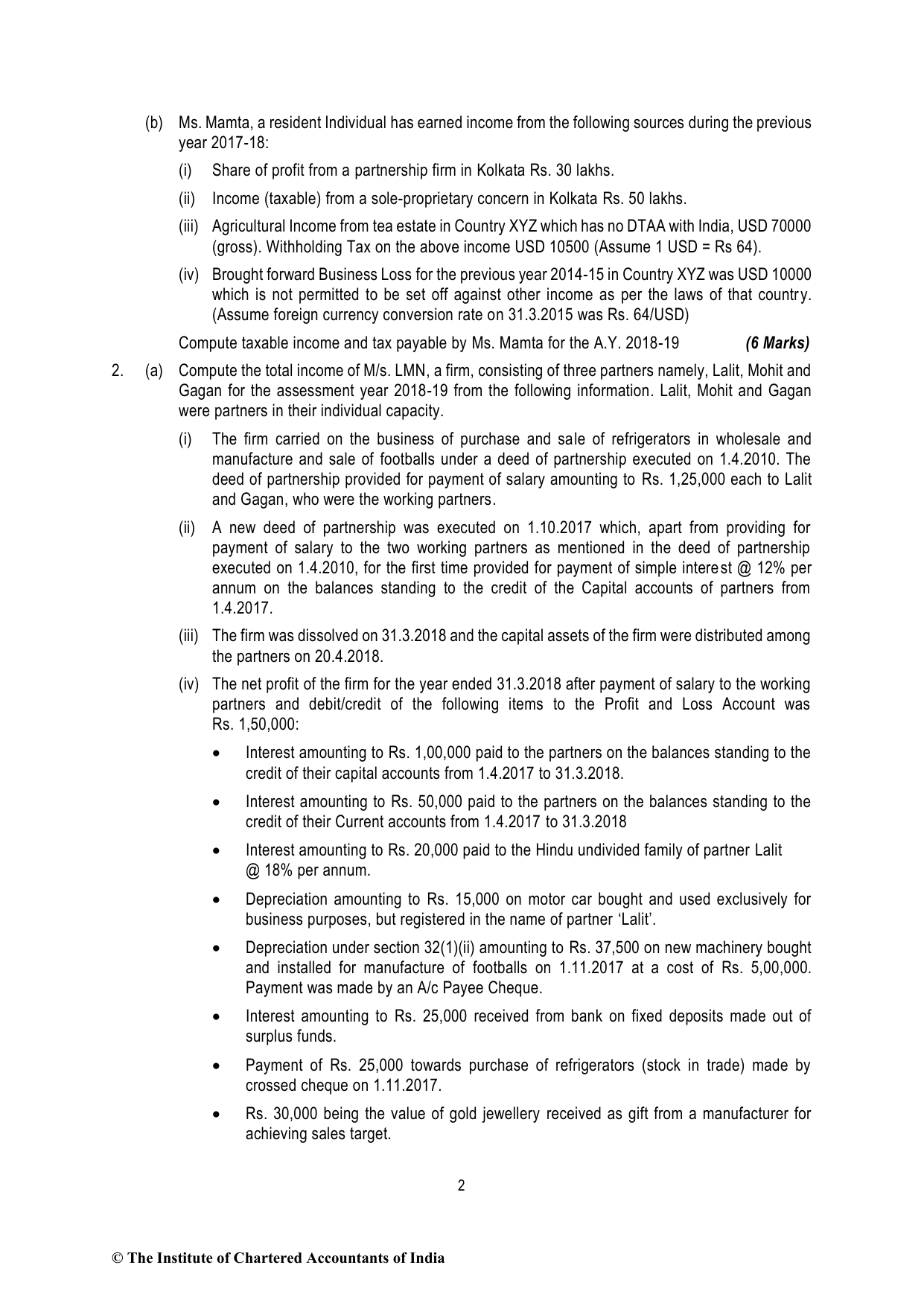 Direct Tax Laws & International Taxation November 2018 MTP - Mock Test Paper 1 (August 2018) - Final (New) Course, question page 2