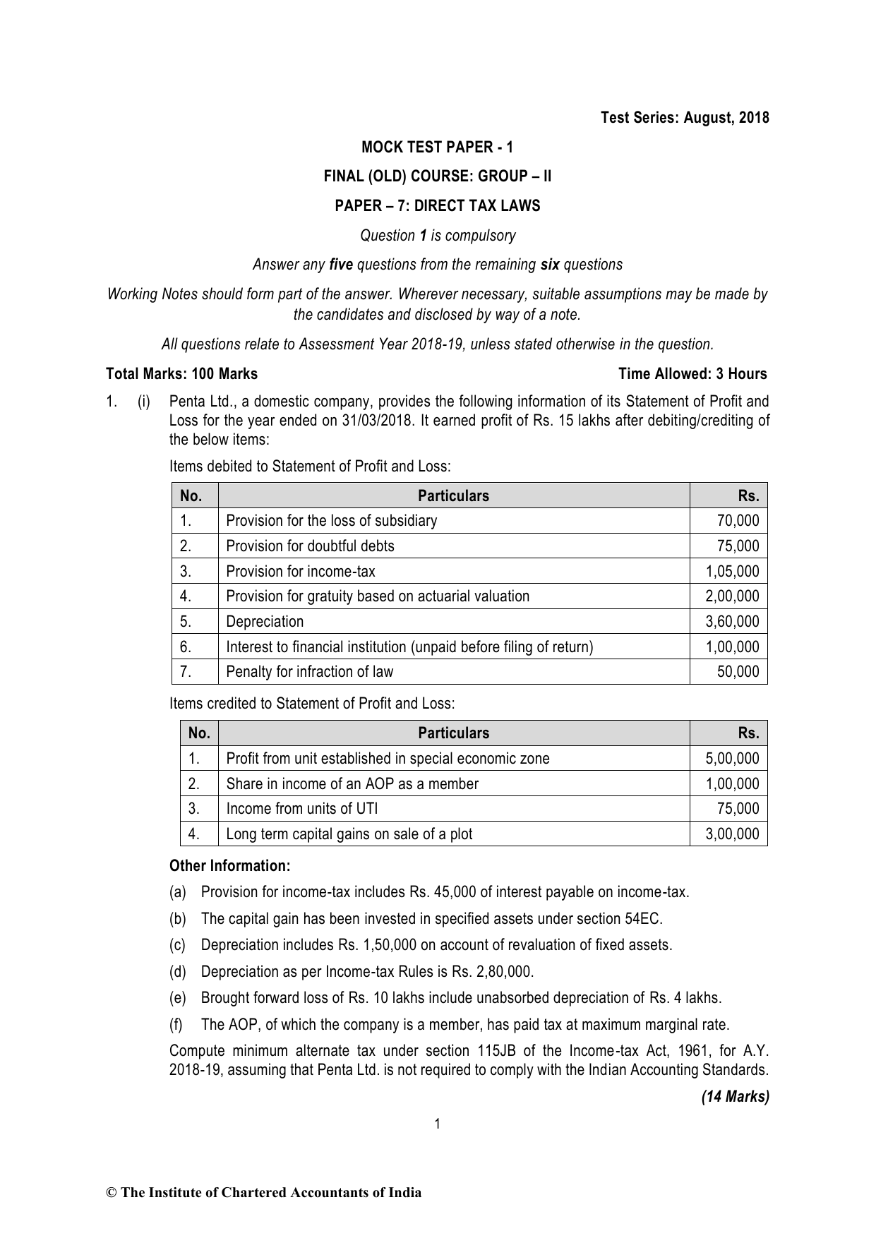 Direct Tax Laws & International Taxation November 2018 MTP - Mock Test Paper 1 (August 2018) - Final (Old) Course, question page 1
