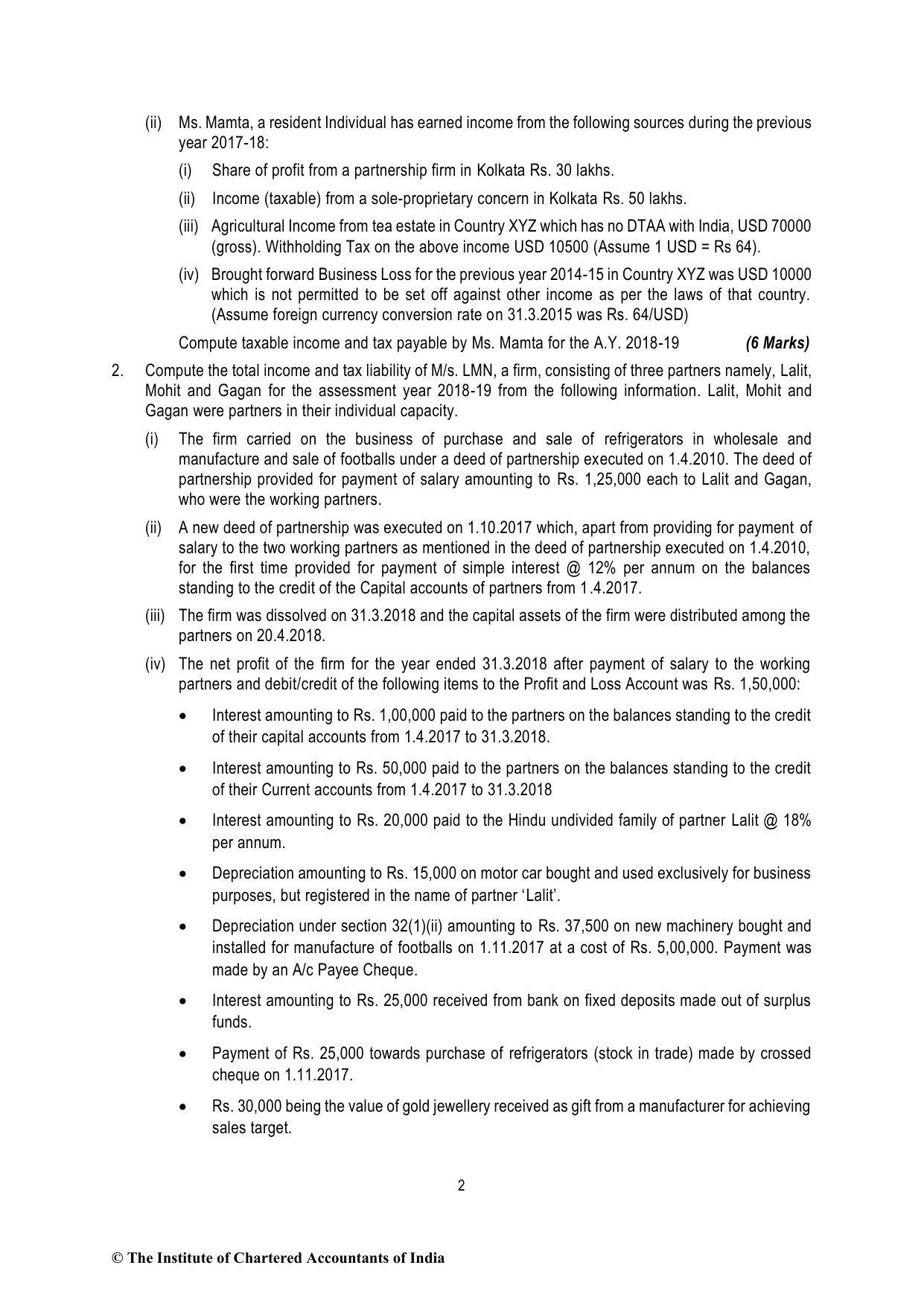 Direct Tax Laws & International Taxation November 2018 MTP - Mock Test Paper 1 (August 2018) - Final (Old) Course, question page 2