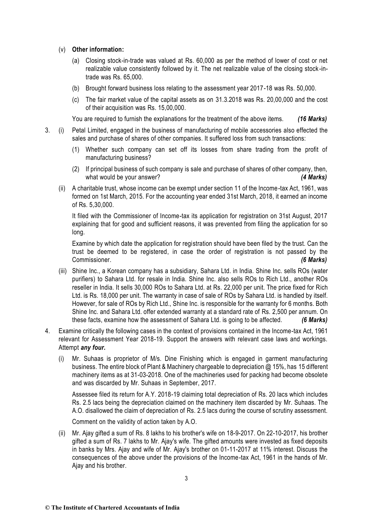 Direct Tax Laws & International Taxation November 2018 MTP - Mock Test Paper 1 (August 2018) - Final (Old) Course, question page 3