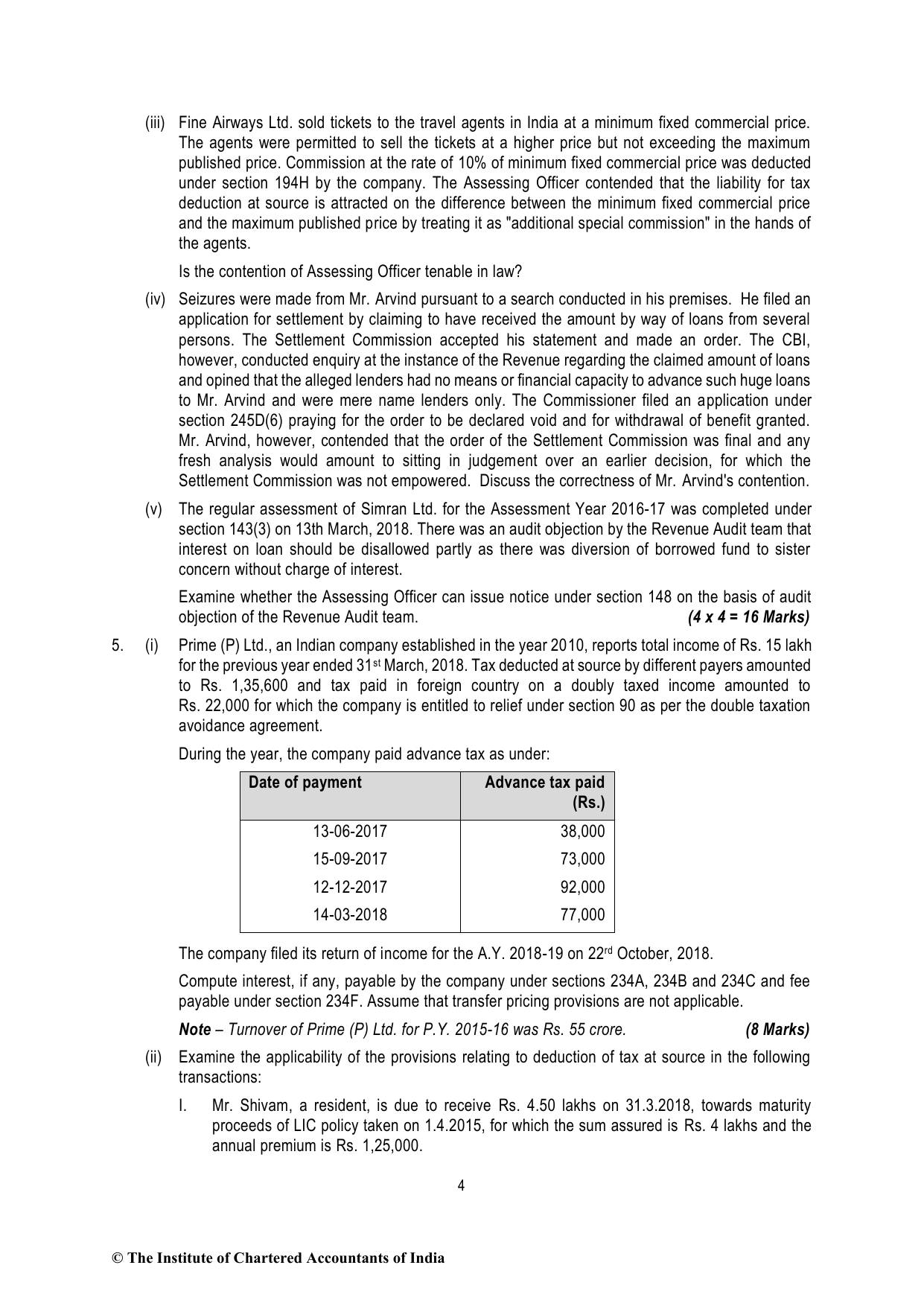Direct Tax Laws & International Taxation November 2018 MTP - Mock Test Paper 1 (August 2018) - Final (Old) Course, question page 4