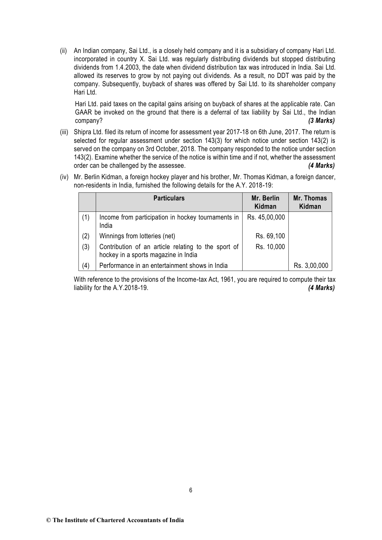 Direct Tax Laws & International Taxation November 2018 MTP - Mock Test Paper 1 (August 2018) - Final (Old) Course, question page 6