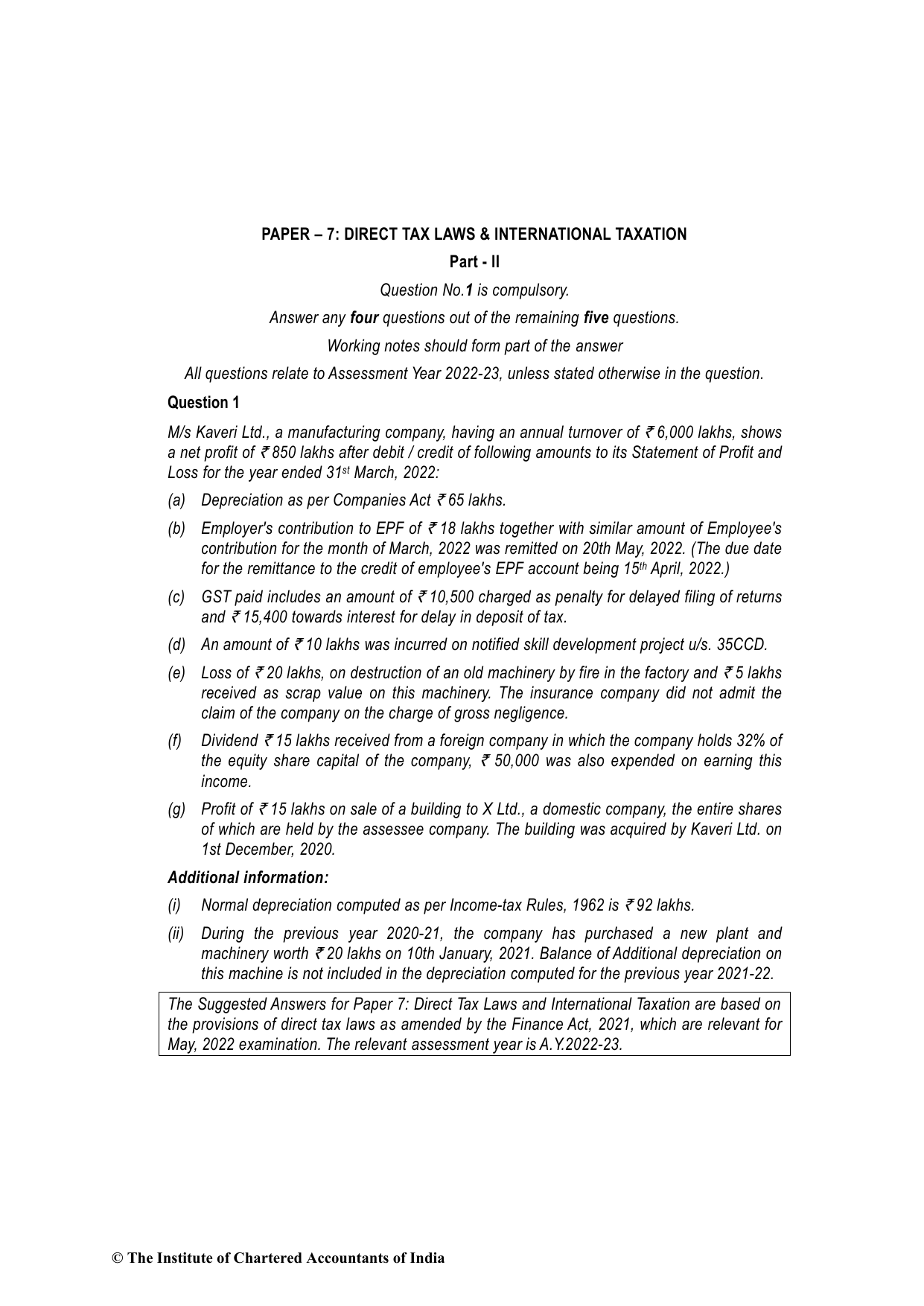 Direct Tax Laws & International Taxation May 2022, question page 1