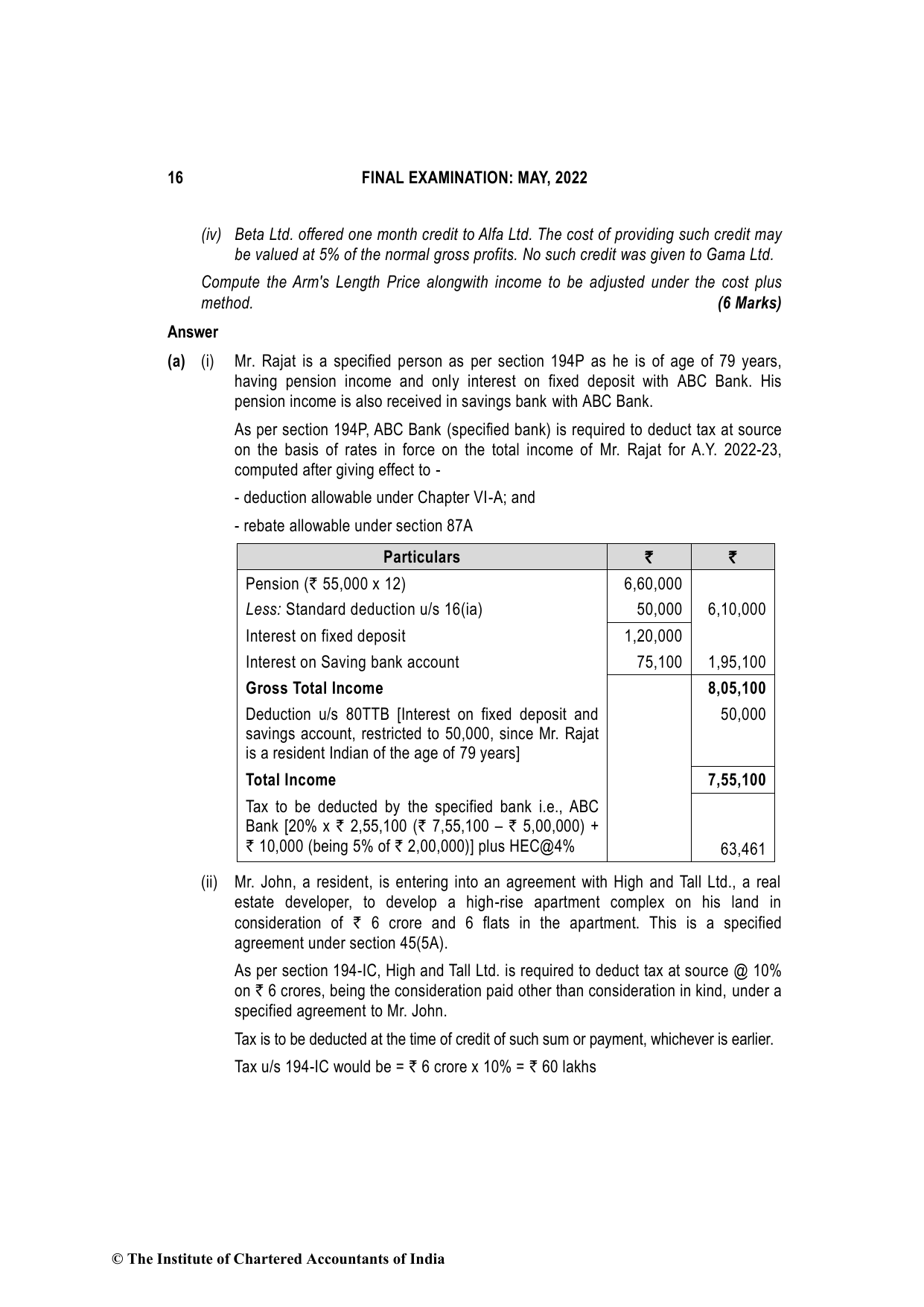 Direct Tax Laws & International Taxation May 2022, question page 16