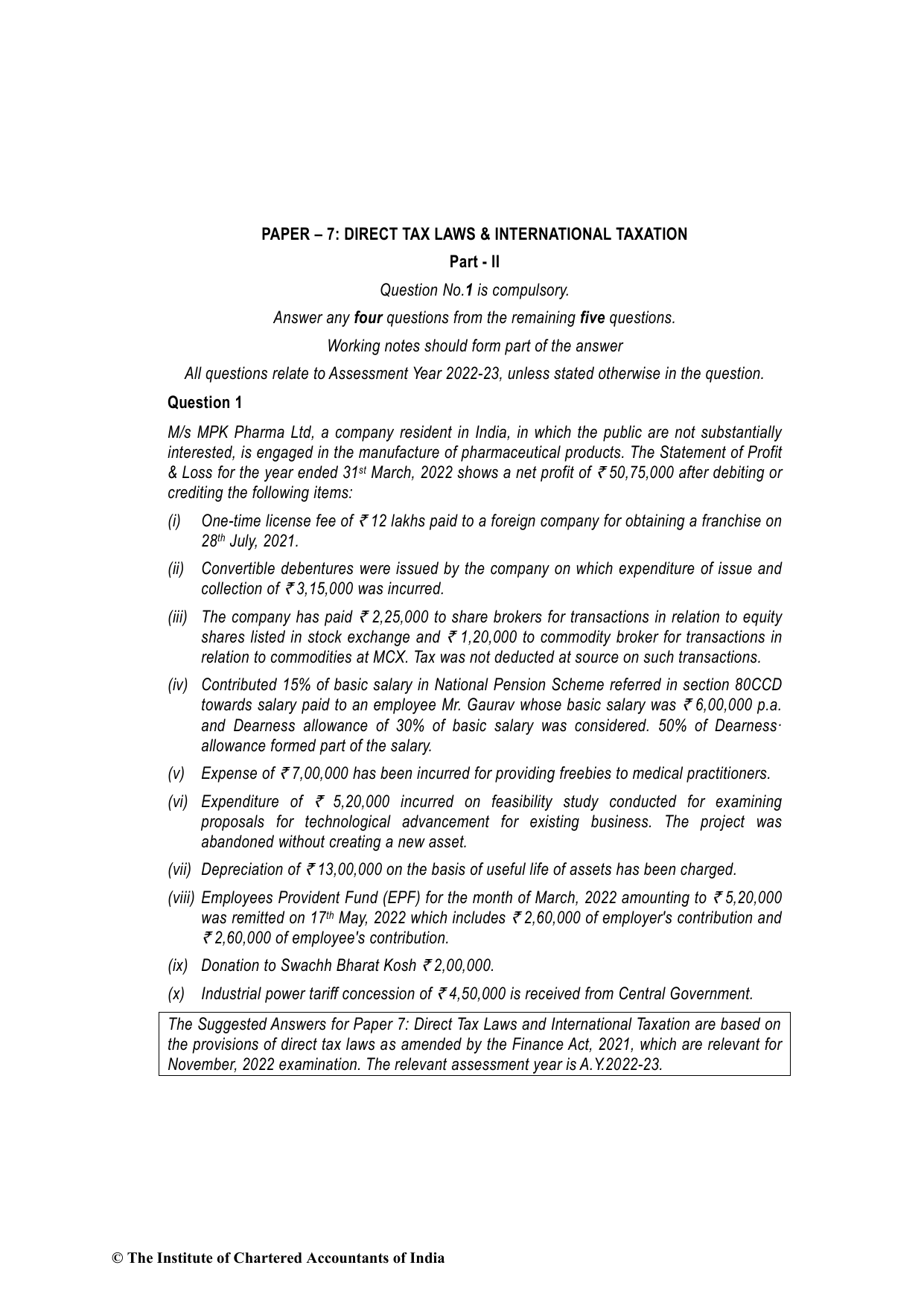Direct Tax Laws & International Taxation November 2022, question page 1