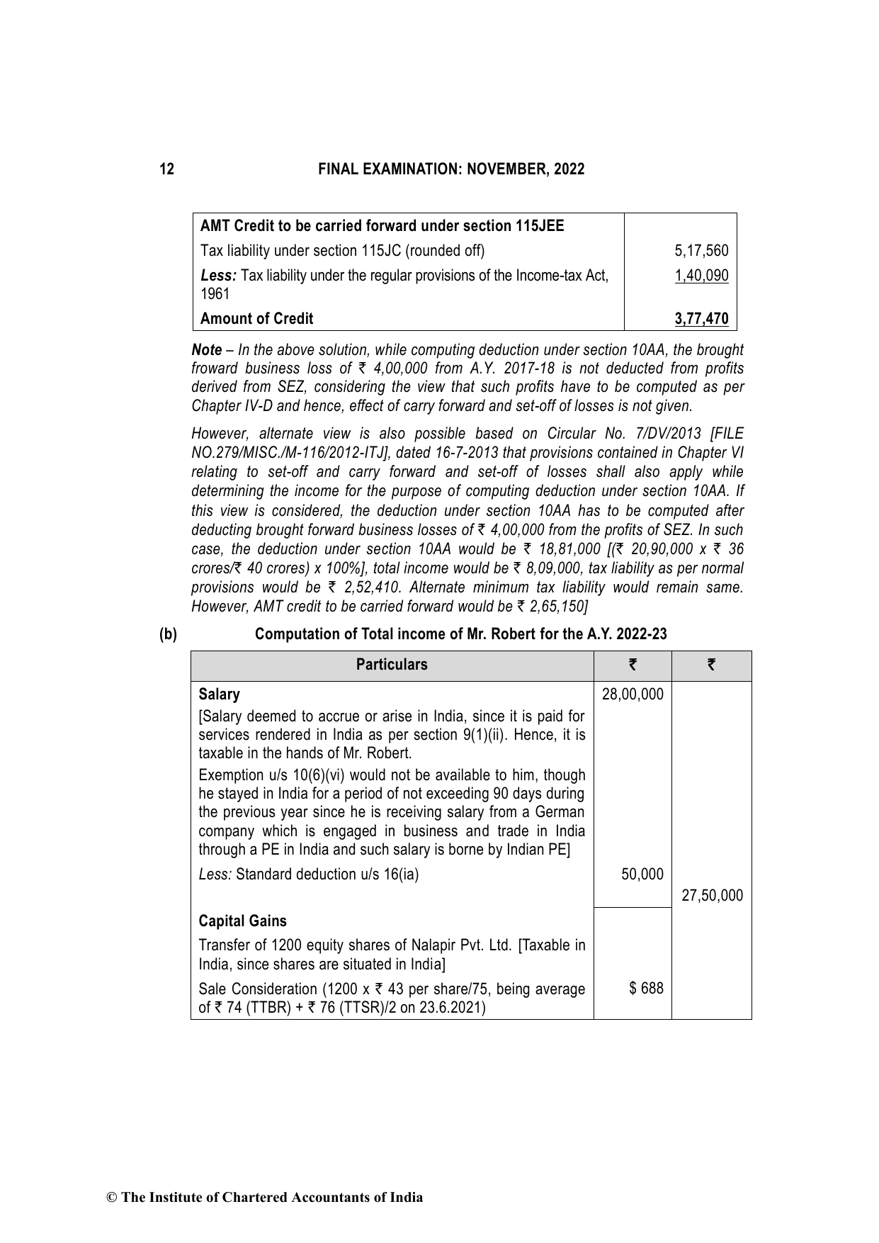 Direct Tax Laws & International Taxation November 2022, question page 12