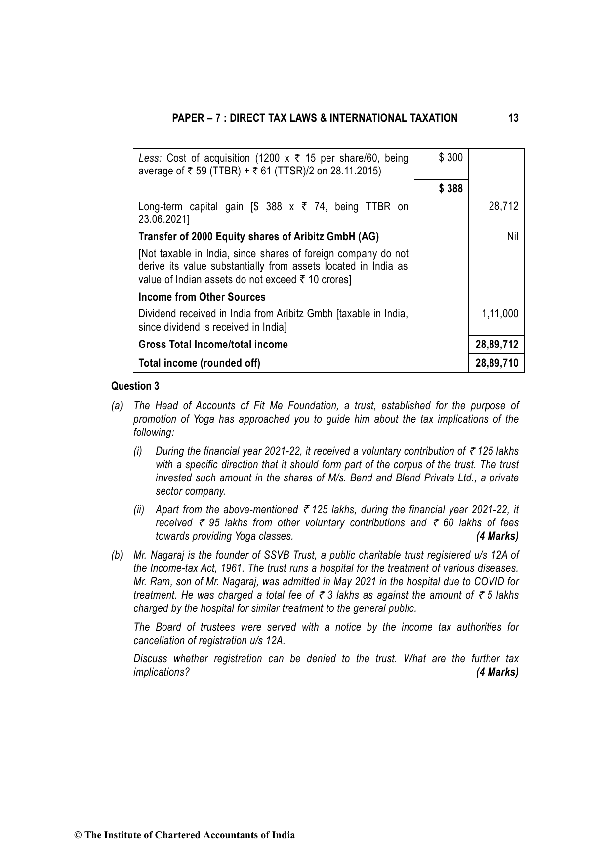 Direct Tax Laws & International Taxation November 2022, question page 13