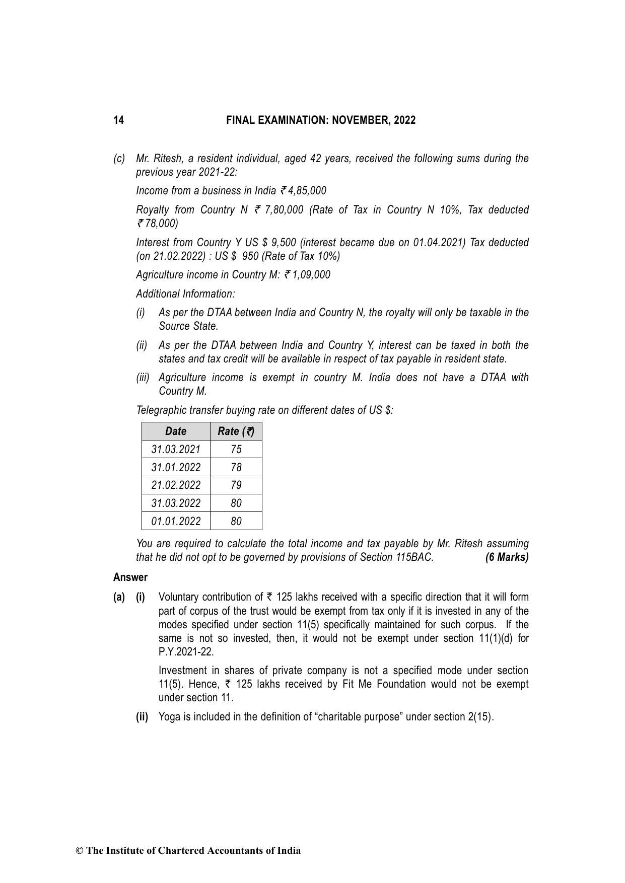 Direct Tax Laws & International Taxation November 2022, question page 14
