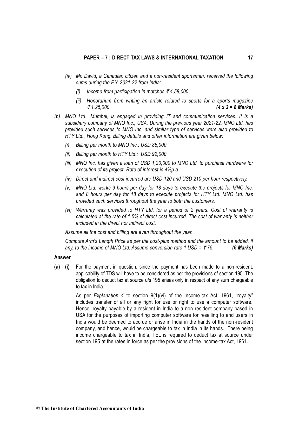 Direct Tax Laws & International Taxation November 2022, question page 17