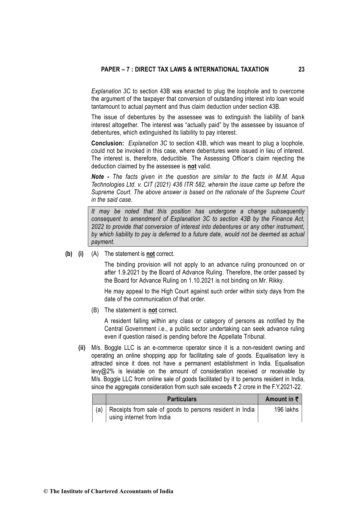 Direct Tax Laws & International Taxation November 2022, question page 23