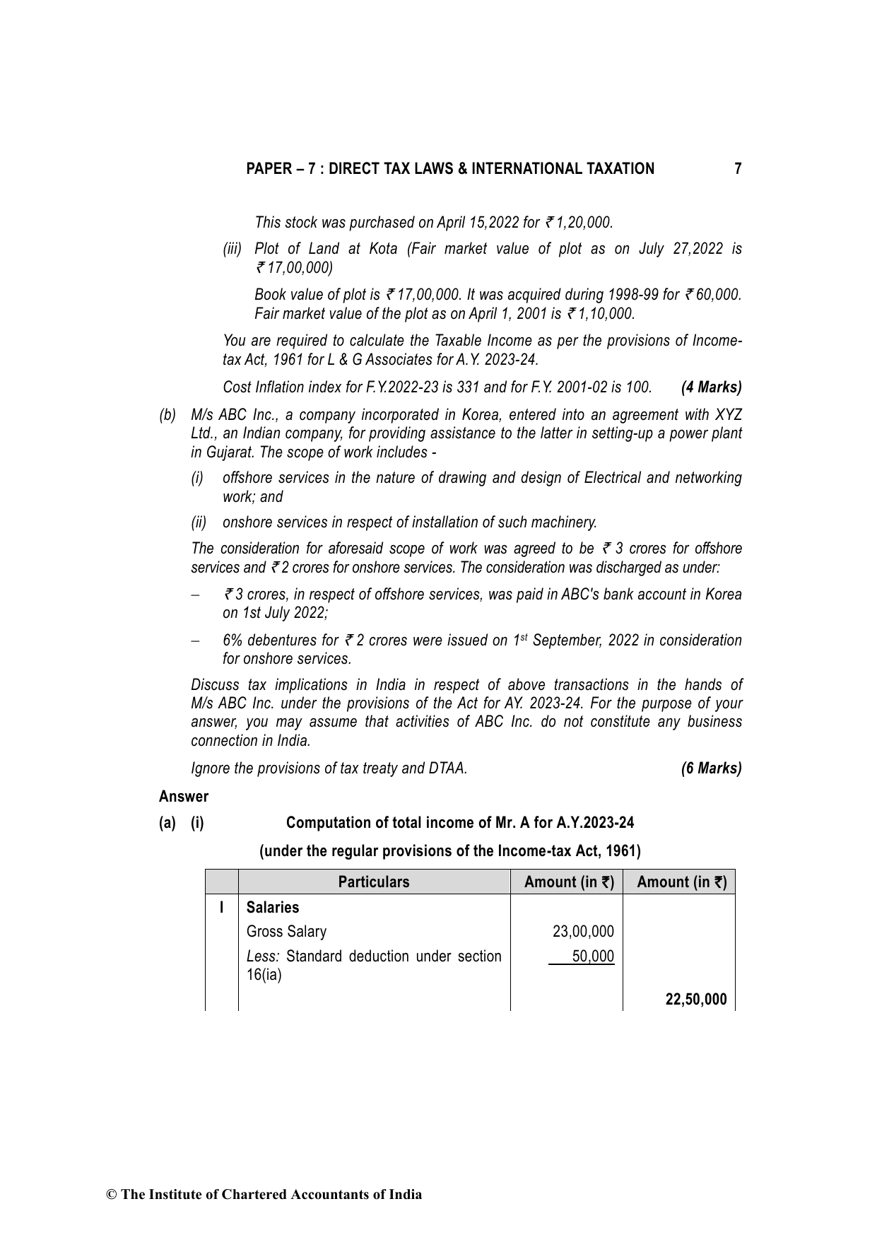 Direct Tax Laws & International Taxation May 2023, question page 7