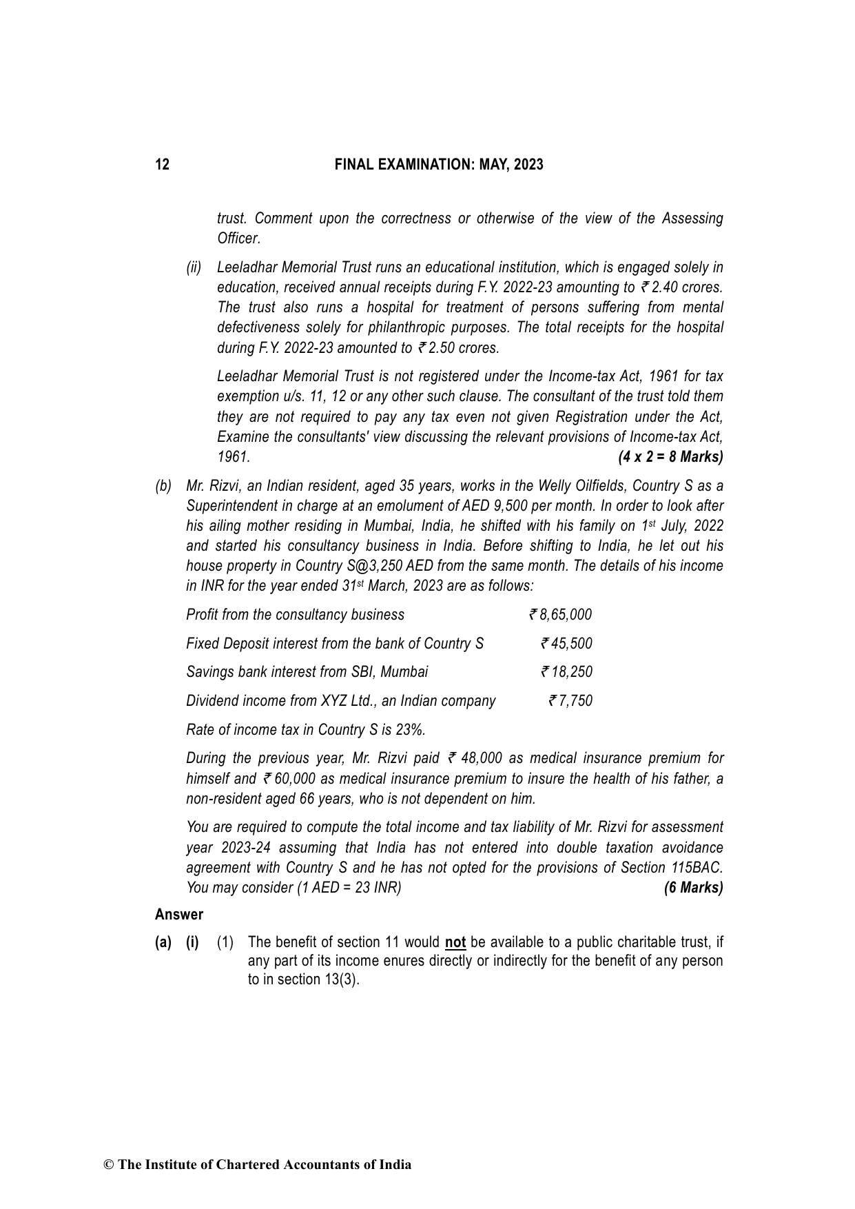 Direct Tax Laws & International Taxation May 2023, question page 12