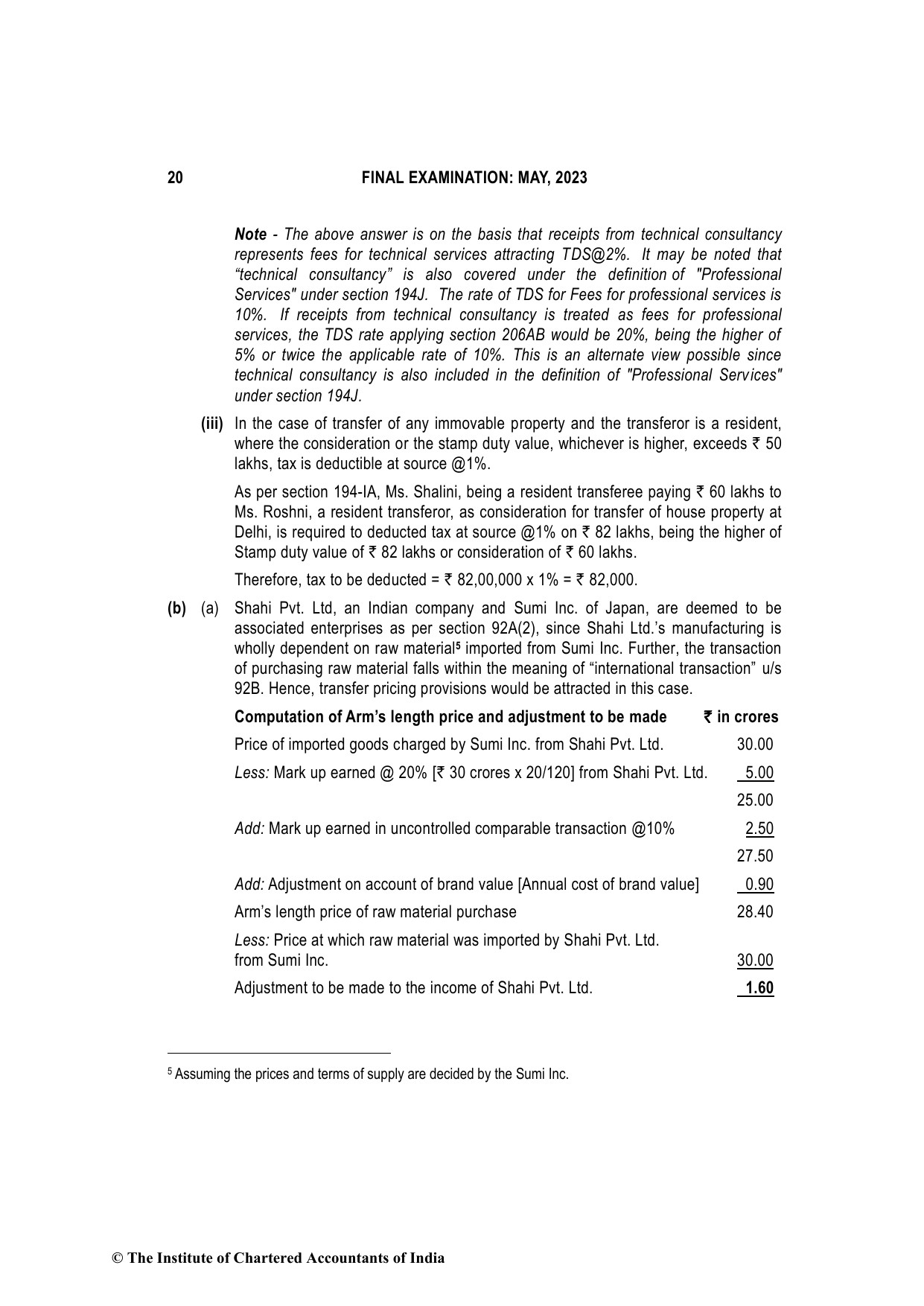 Direct Tax Laws & International Taxation May 2023, question page 20