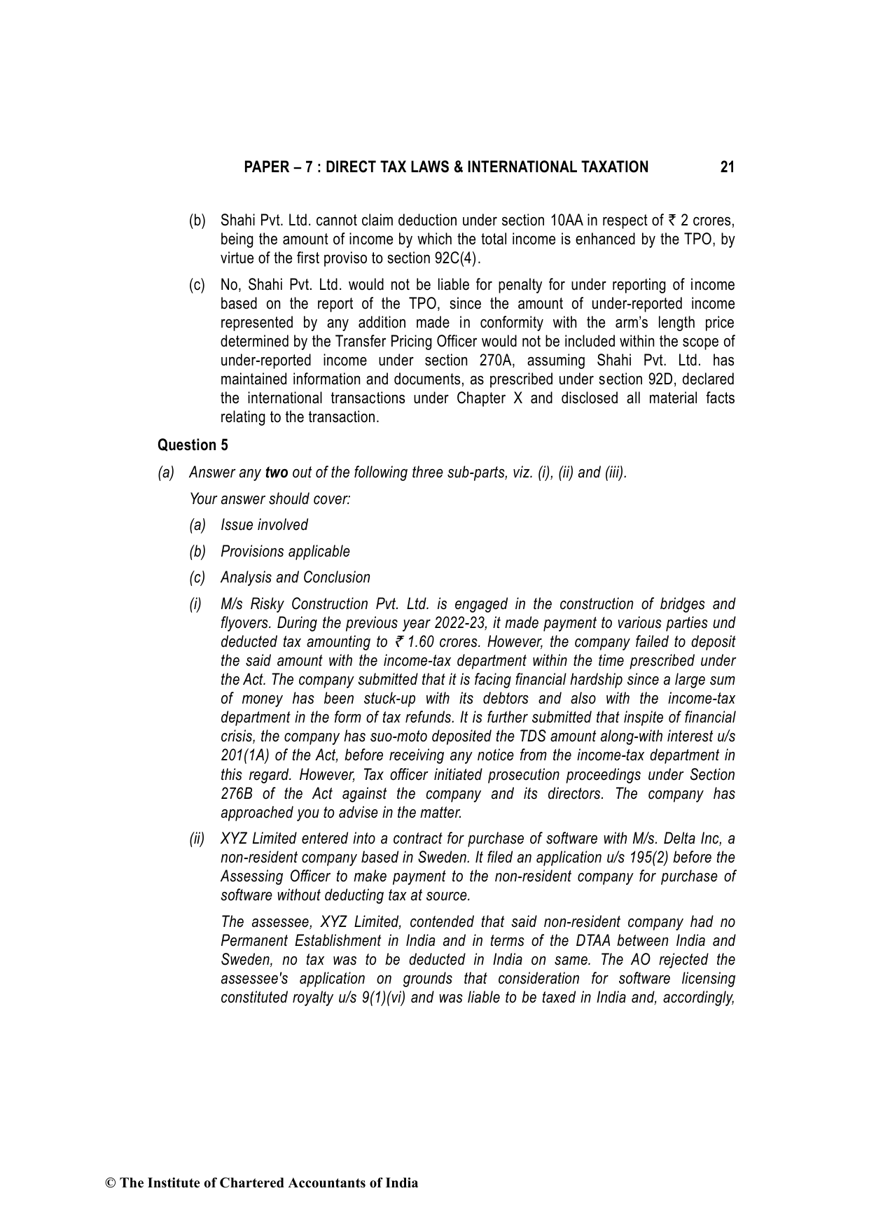 Direct Tax Laws & International Taxation May 2023, question page 21