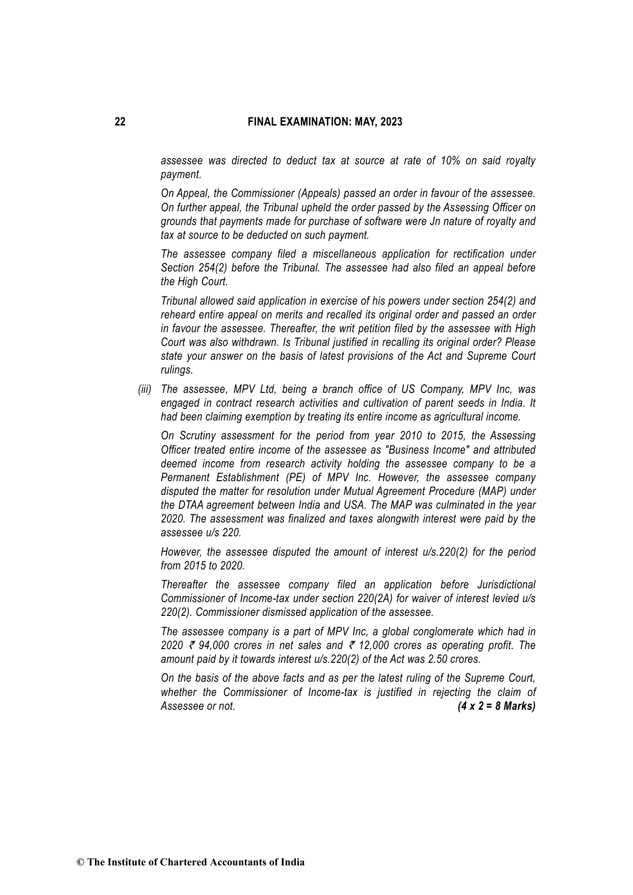Direct Tax Laws & International Taxation May 2023, question page 22