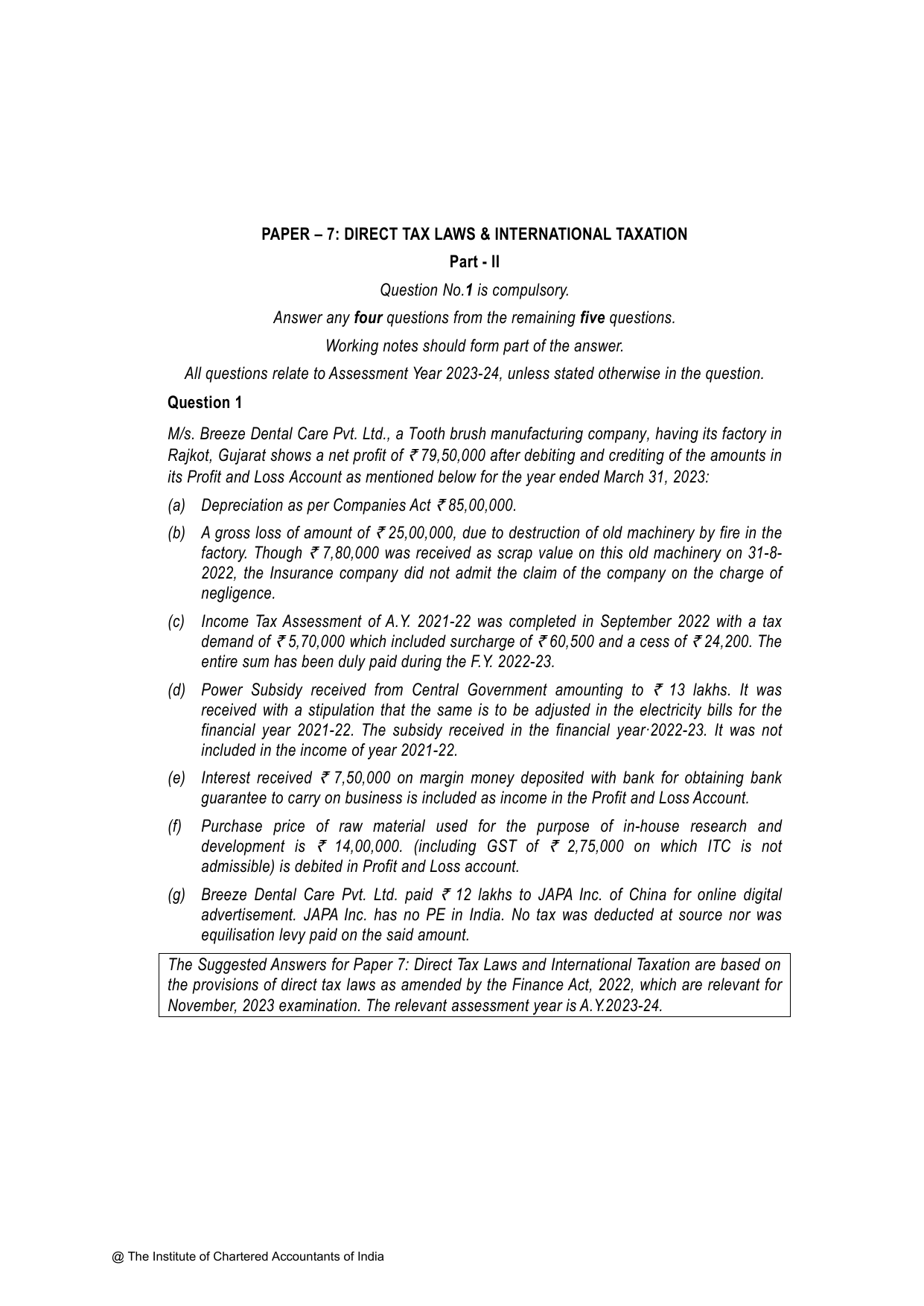 Direct Tax Laws & International Taxation November 2023, question page 1