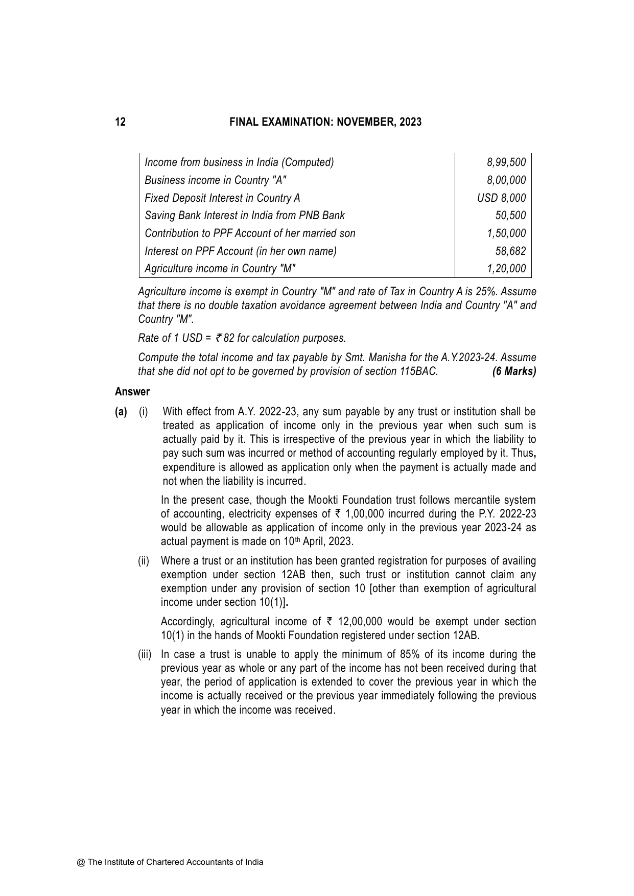 Direct Tax Laws & International Taxation November 2023, question page 12