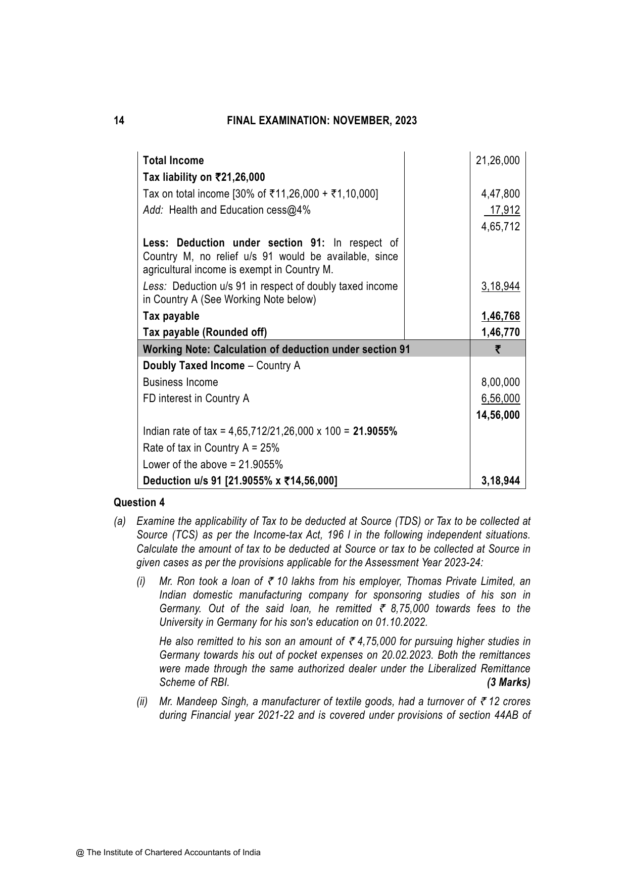 Direct Tax Laws & International Taxation November 2023, question page 14