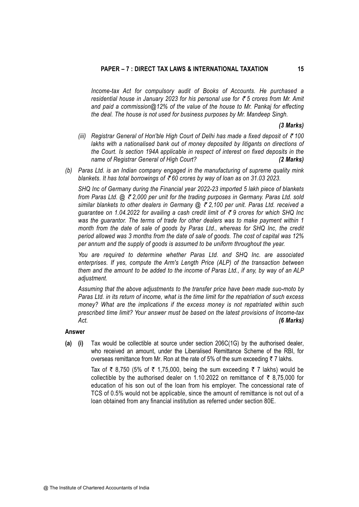 Direct Tax Laws & International Taxation November 2023, question page 15