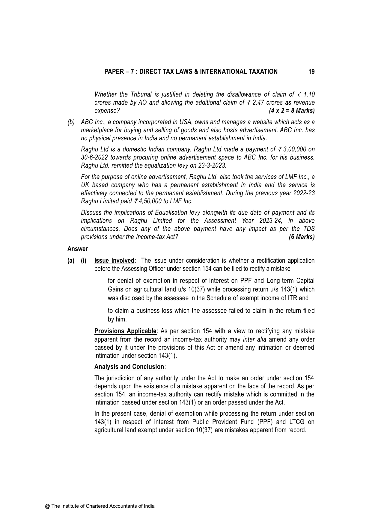 Direct Tax Laws & International Taxation November 2023, question page 19