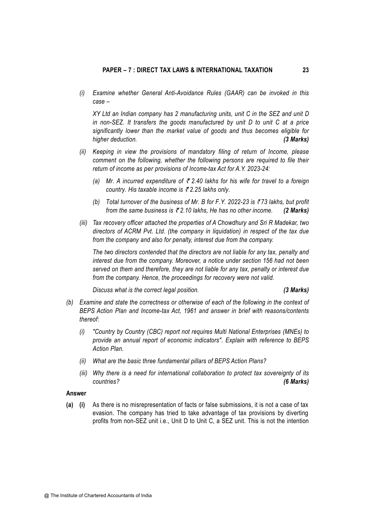 Direct Tax Laws & International Taxation November 2023, question page 23