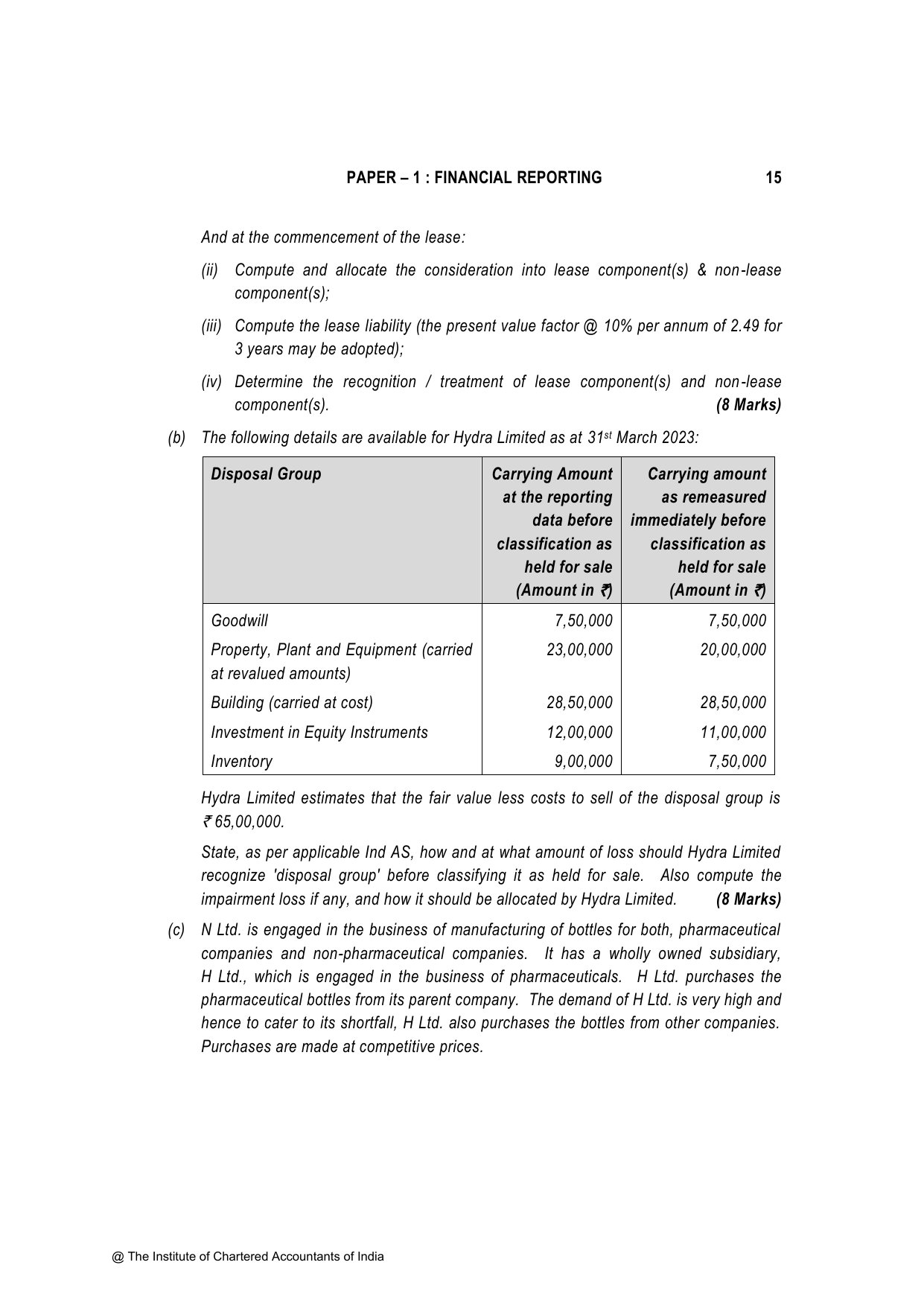 Financial Reporting November 2023, question page 15