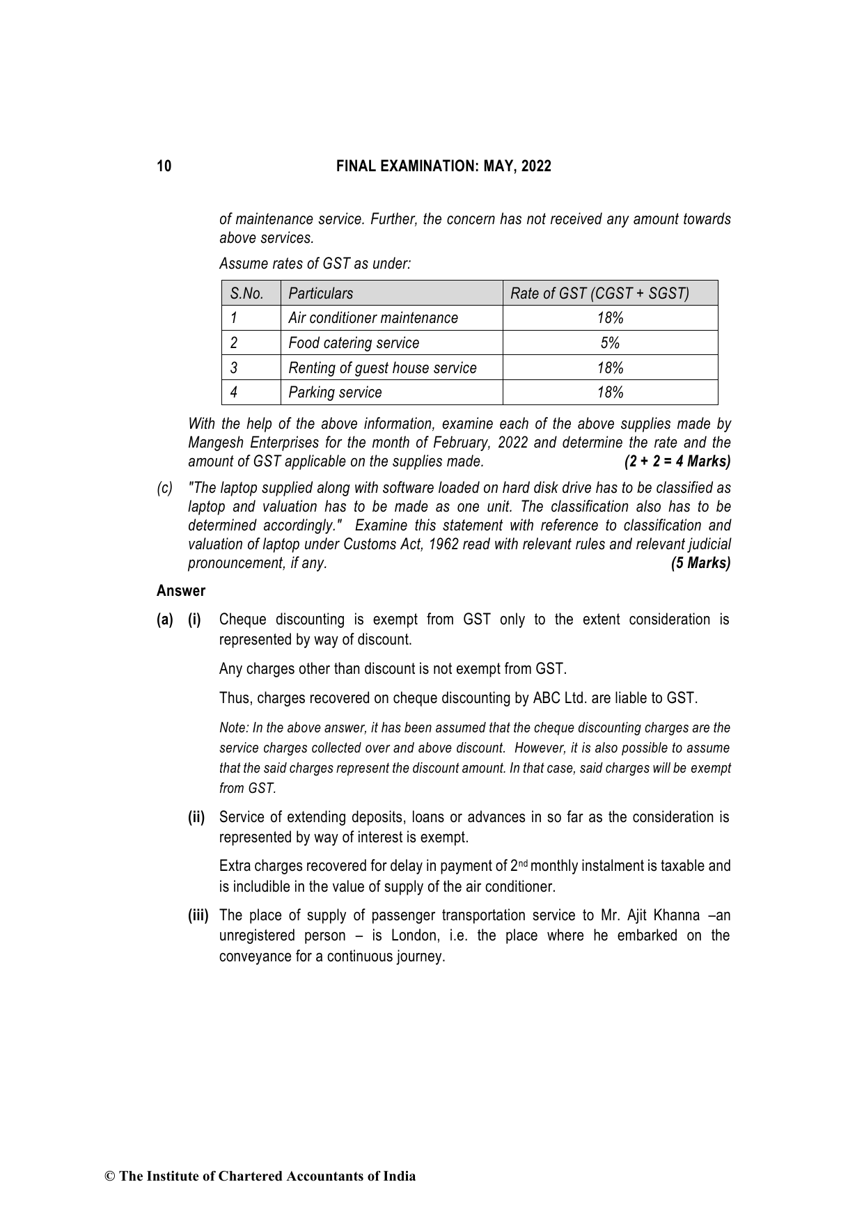 Indirect Tax Laws May 2022, question page 10