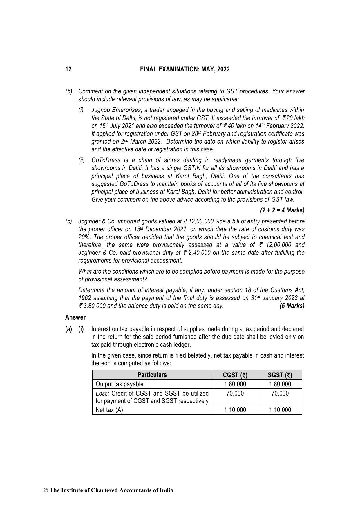 Indirect Tax Laws May 2022, question page 12