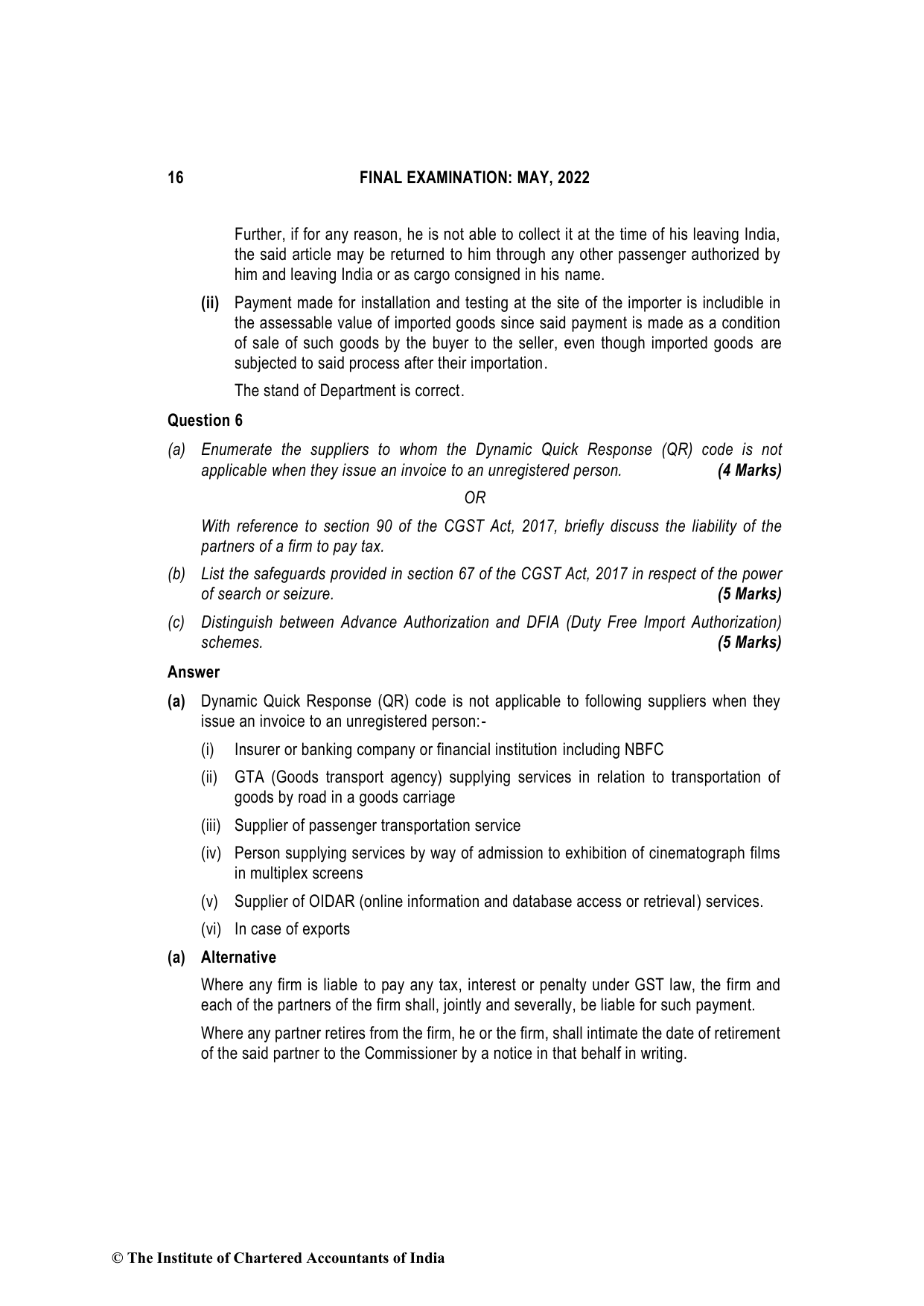 Indirect Tax Laws May 2022, question page 16