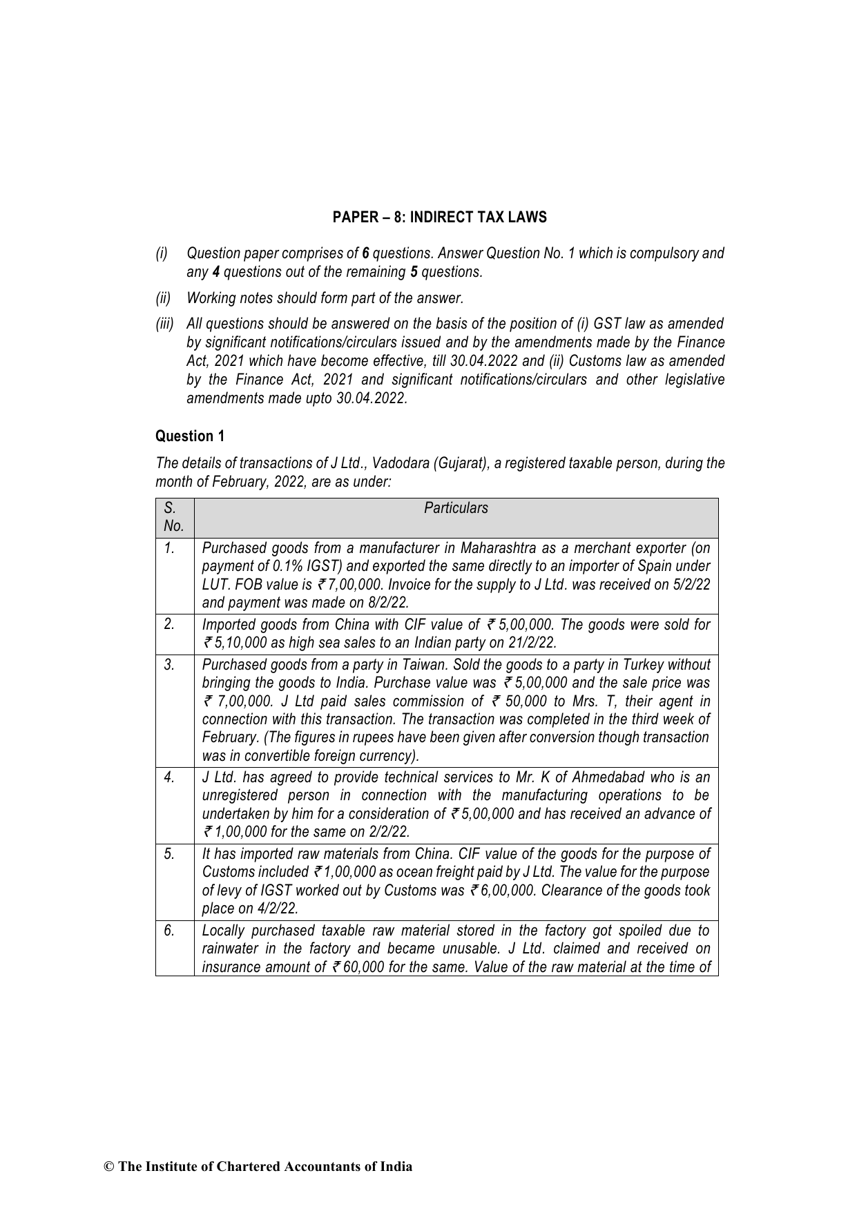Indirect Tax Laws November 2022, question page 1