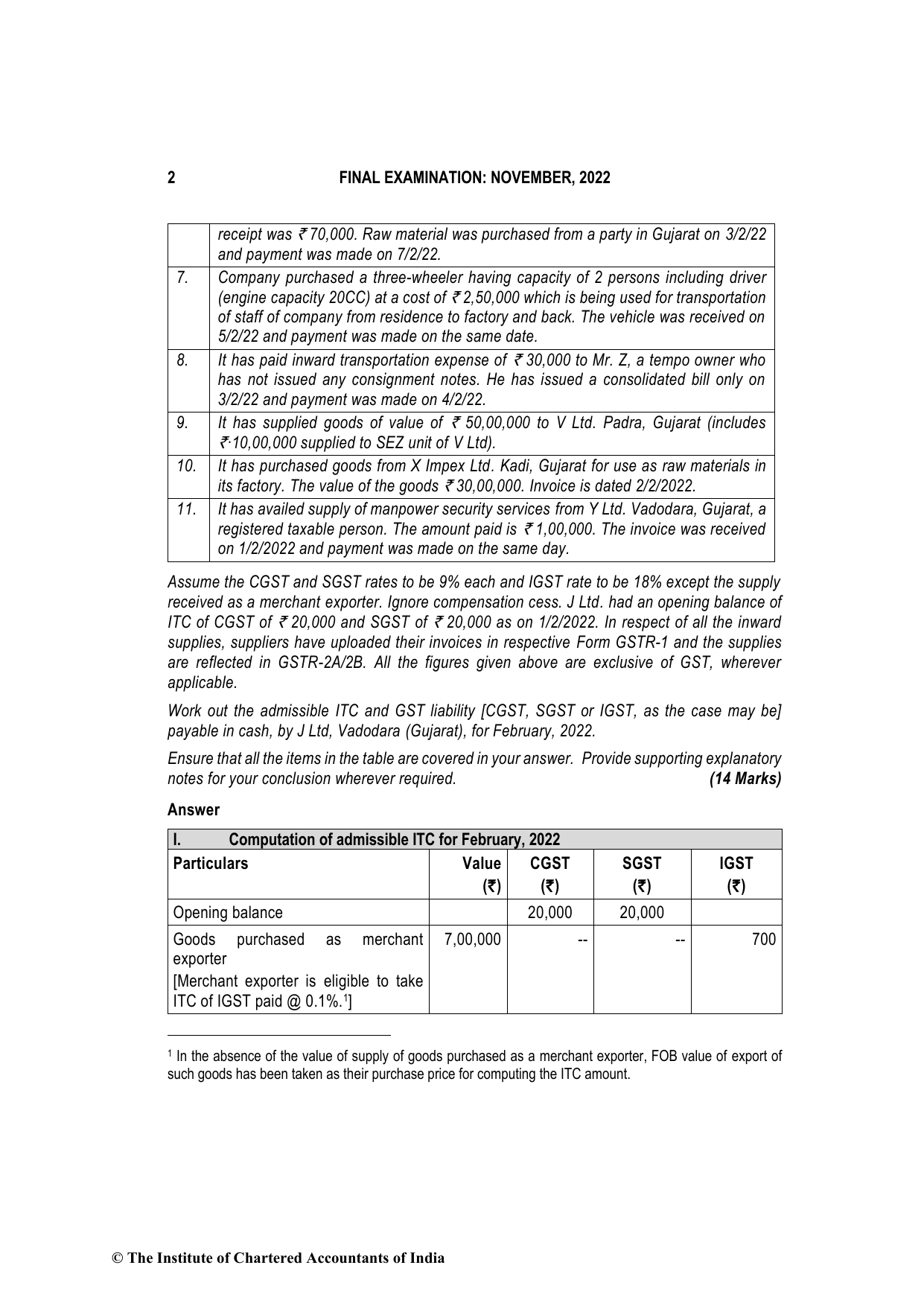 Indirect Tax Laws November 2022, question page 2